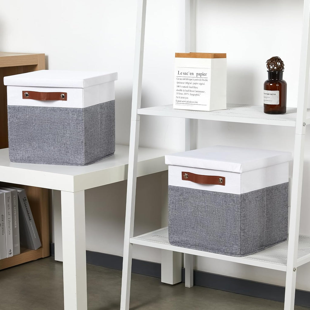 Temary Foldable Fabric Storage Bins with Lids, 2-Pack Storage Bin for Organizing Living Room, Closet Organization, Multi-Purpose Storage Boxes for Clothes (White&Grey, 10.5x10.5x10.5in)