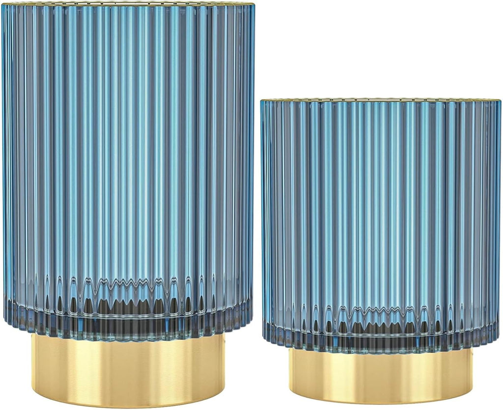 Makeup Brush Holder Organizer, Heavy Crystal Glass Brush Storage Holder, Vintage Cosmetic Make Up Bathroom Brushes Cup Pen Pencil Toothbrush Holder Striped Vase (S+L (blue))