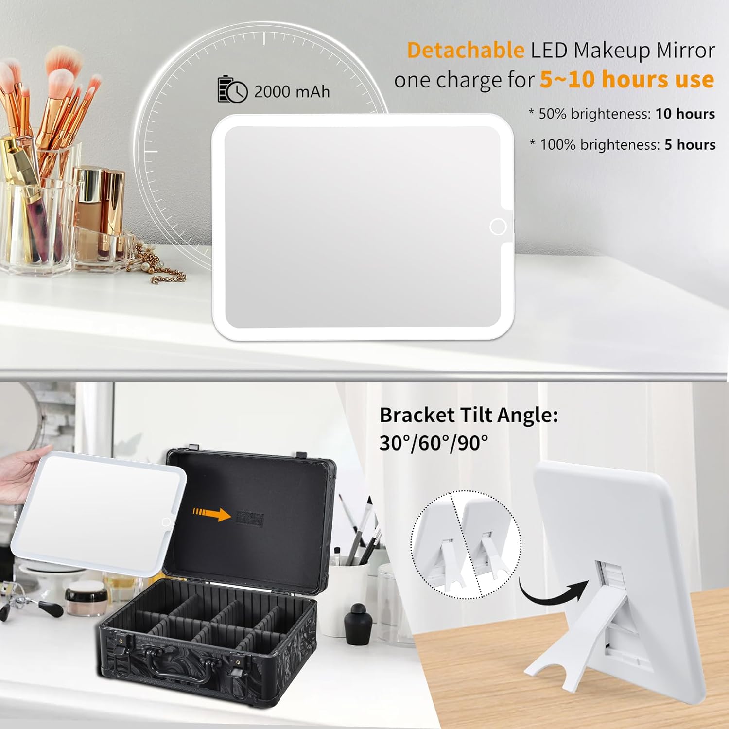 Makeup Case with LED Mirror - Black Fluid-Color Makeup Box with Detachable Lighted Mirror, Travel Cosmetic Train Case Organizer with Adjustable Dividers and Tool Panel for Brushes