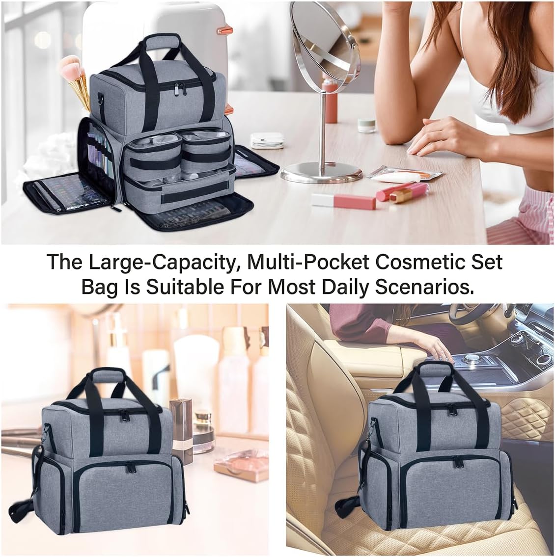 Large Makeup Cosmetic Bag with 3 Removable Case and 2 Removable Dividers Double Layer Travel Storage Organizer, Makeup Brushes Storage Section Grey