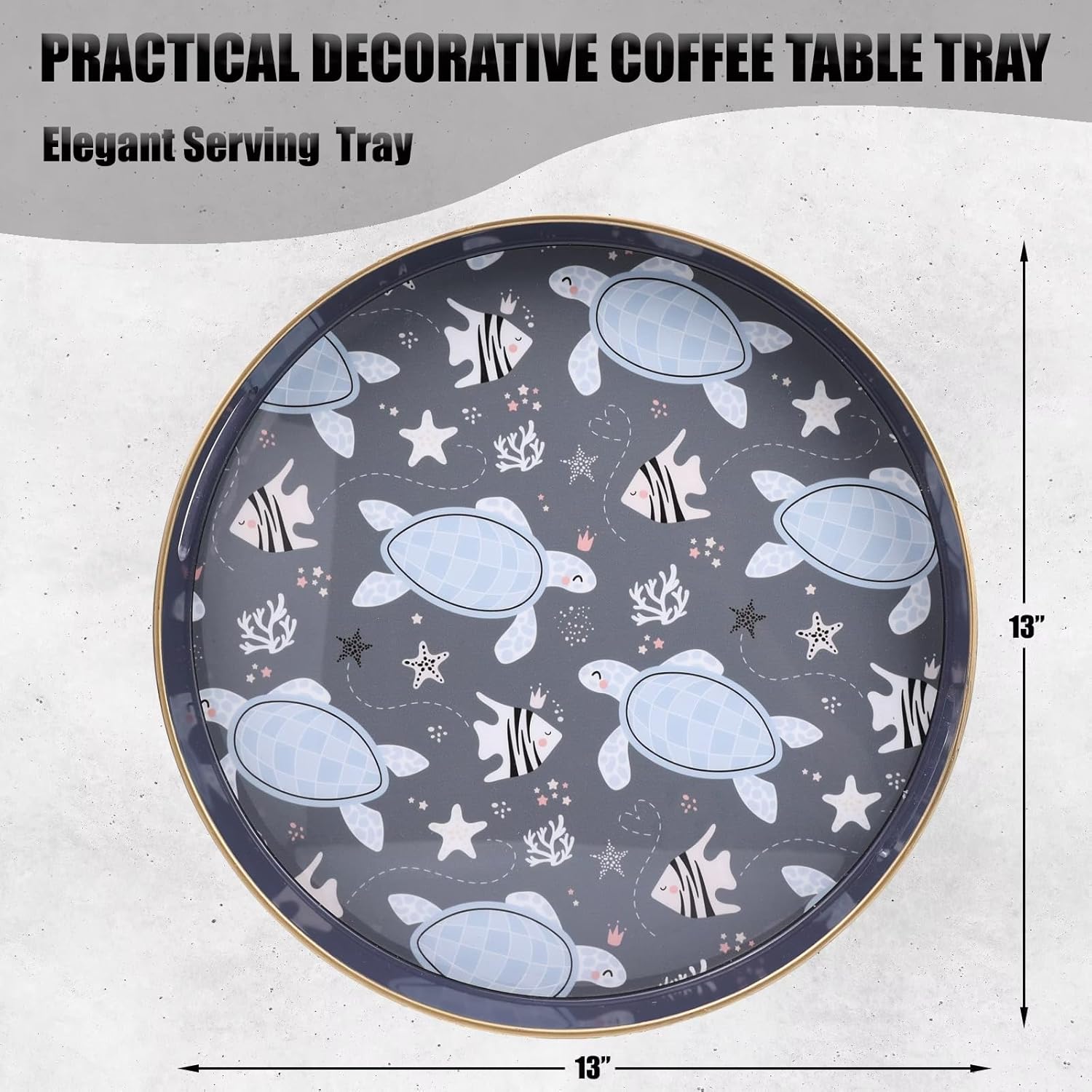 Spsyrine Decorative Serving Tray with Handles, Lacquered Coffee Table Tray for Ottoman, Round Waterproof Platters for Centerpieces, Parties, Living Room, Kitchen Counter Organization Turtle