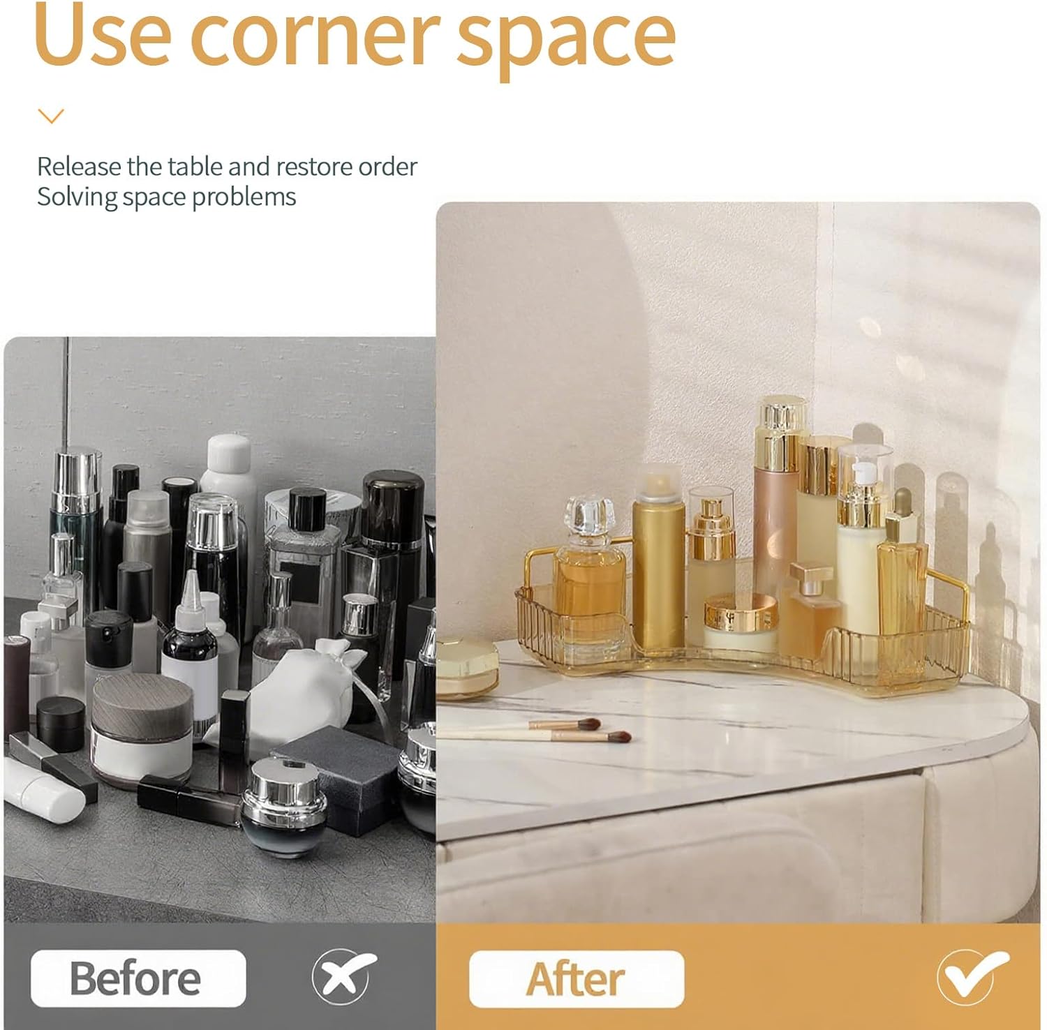 Corner Bathroom Countertop Organizer, Vanity Organizer Trays for Counter, Makeup Organizers, Perfume Tray, Skincare Shelf Storage Gifts for Women Girl Student (Yellow, 1 Tier)