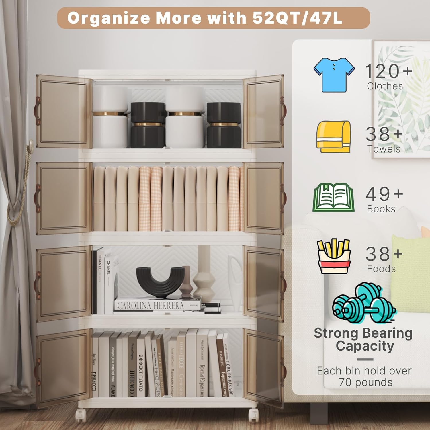 Extra Large Stackable Storage Bins with Lids & Wheels, Foldable Collapsible Closet Organizers Storage Cabinet with Doors for Bedroom Dorm (White, 220QT-55QT/14GAL*4Pack)