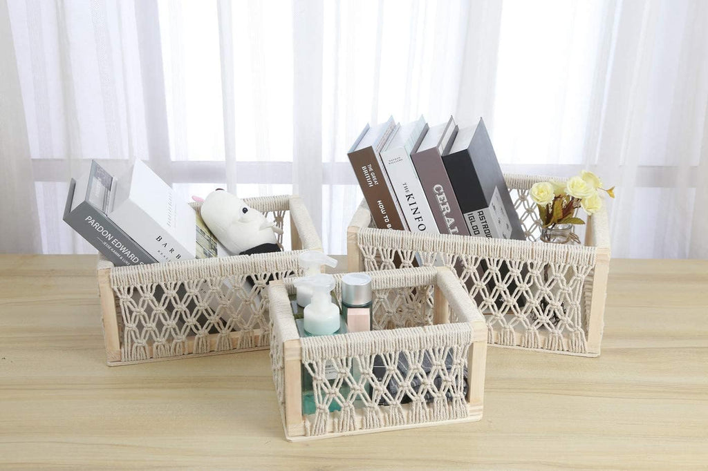 Macrame Baskets for Storage Set of 3, White Decorative Storage Bin for Living Room, Perfect Pampas Grass Holder