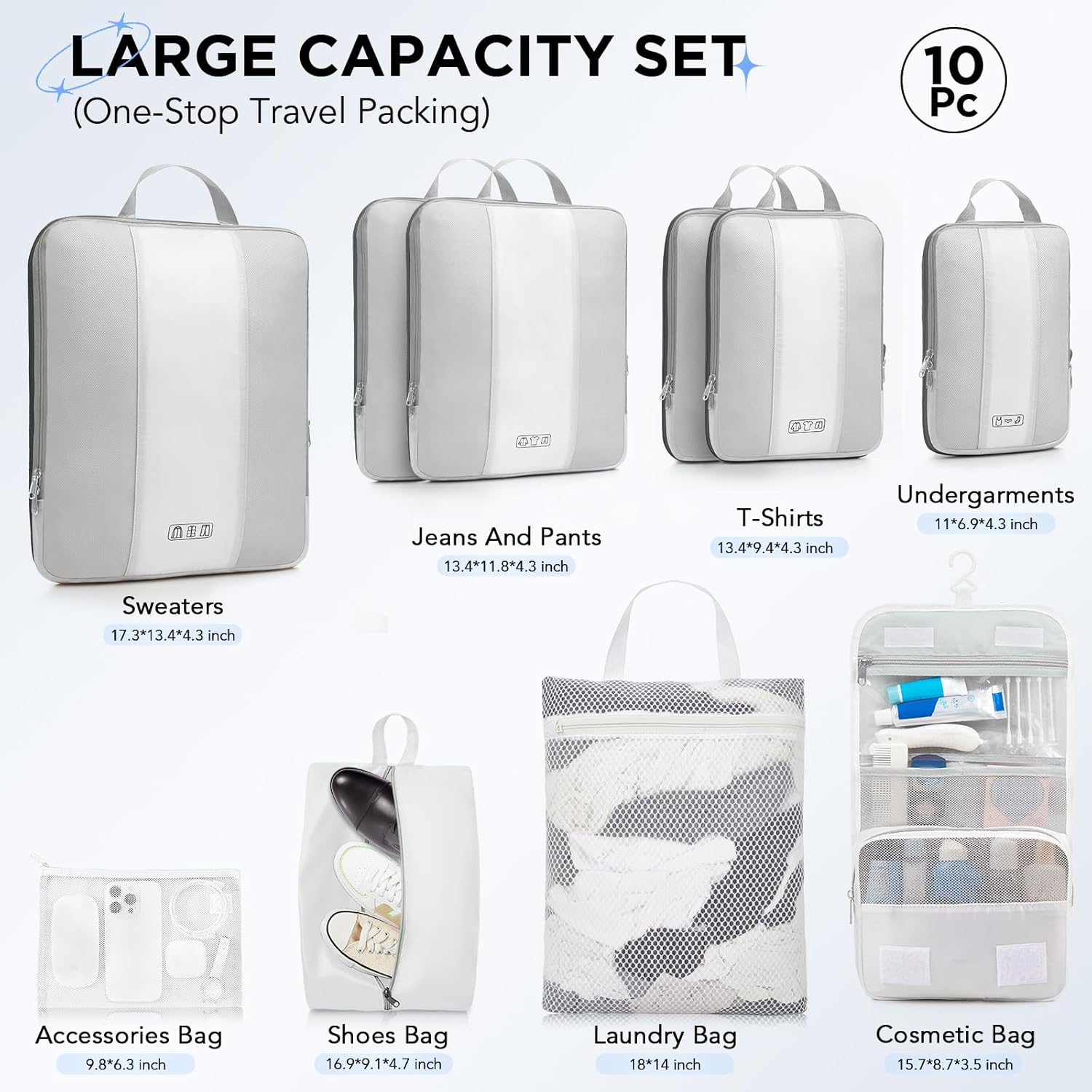 10 Set Compression Packing Cubes for Travel Essentials,Compressible Expandable Packing Cubes for Suitcase,OlarHike Luggage Organizer Bags for Travel,Handy Helper for Organizing Clothes(White)