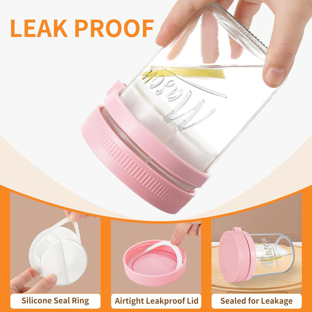 6 Pack Overnight Oats Containers with Lids and Spoons, 16 oz Mason Jars with Removable Separate Compartments, Airtight and Leak-Proof Glass Jars for Chia Pudding, Yogurt, and Oatmeal