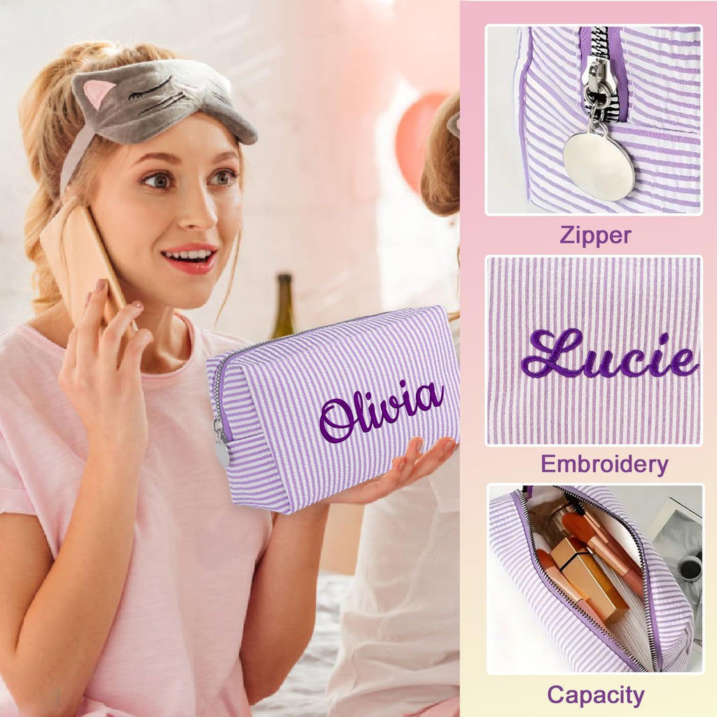 Personalized Seersucker Makeup Bag with Embroidered Name&Birth Flower,Custom Small Travel Cosmetic Bag Toiletry Bag Wedding Gifts for Bridesmaid Bride (Makeup Bag with Name)