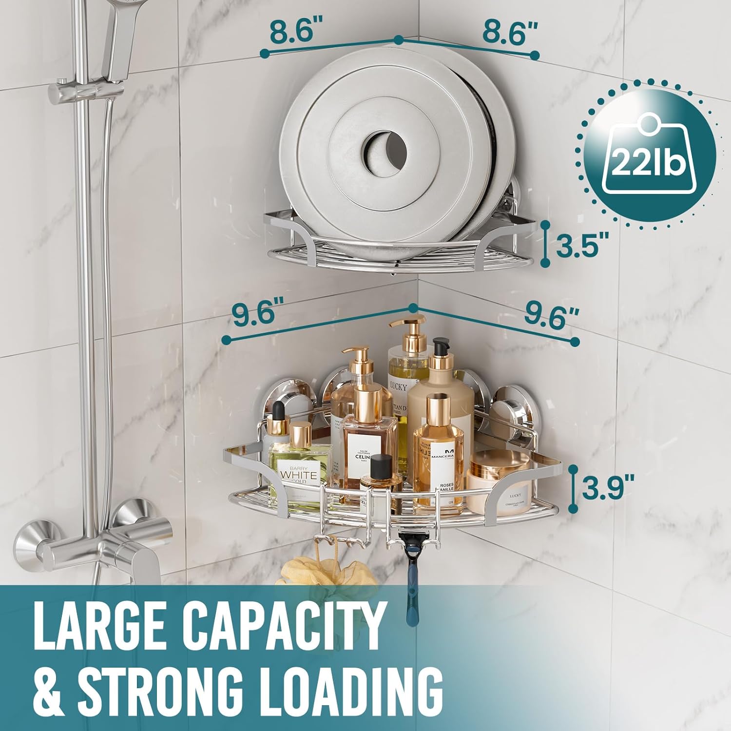 TAILI 2 Pack Powerful Suction Cup Corner Shower Caddy, Stainless Steel Rustproof Shower Shelf with Hook, Drill-Free Wall Mounted Basket, Large Capacity Removable Suction Cup Bathroom Organizer, Silver