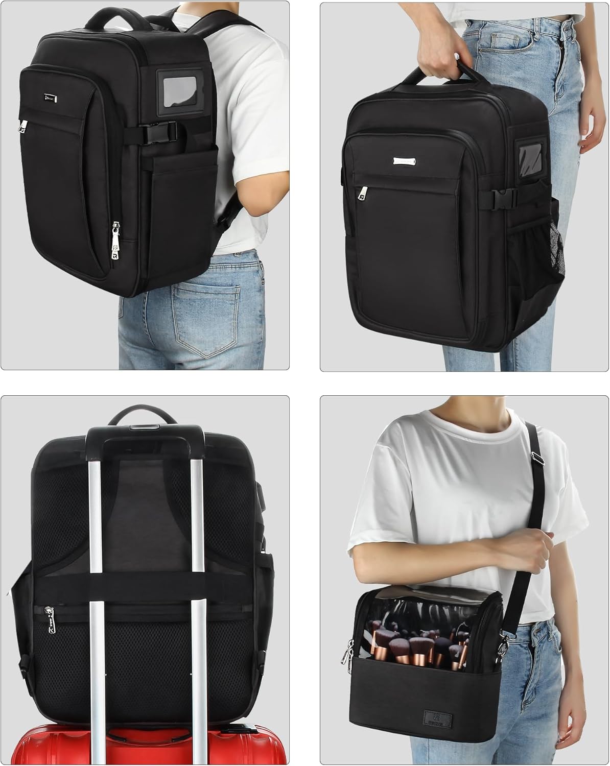 Relavel Professional Makeup Case Makeup Backpack and Makeup Brush Case for Makeup Artists, Durable Water-resistant Material, with Shoulder Strap and Adjustable Dividers Black