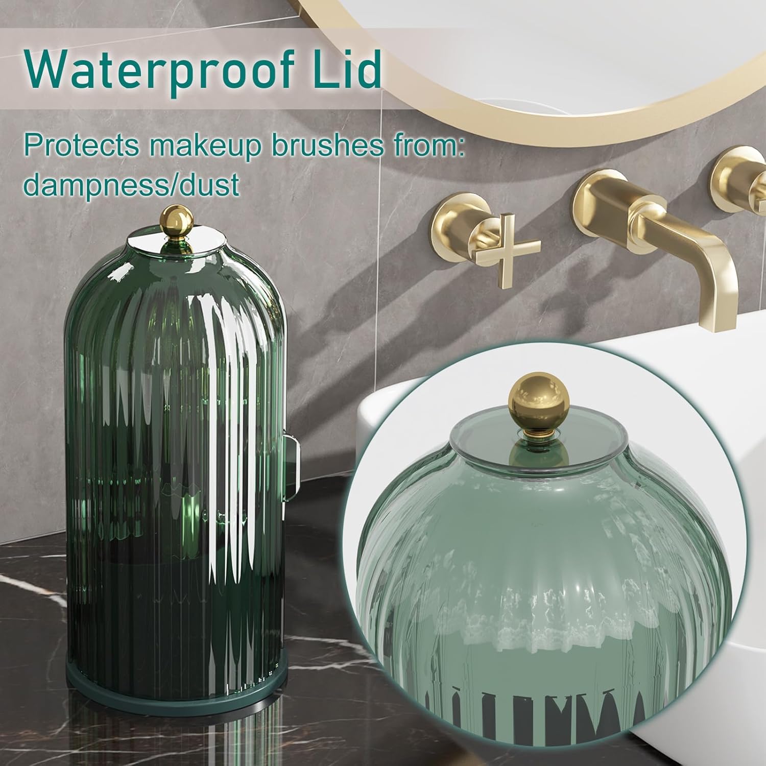 GAXmi Makeup Brush Holder with Lid Cosmetic Tools Organizer 360 Rotating Waterproof Dustproof Beauty Brushes Storage for Vanity, All Green