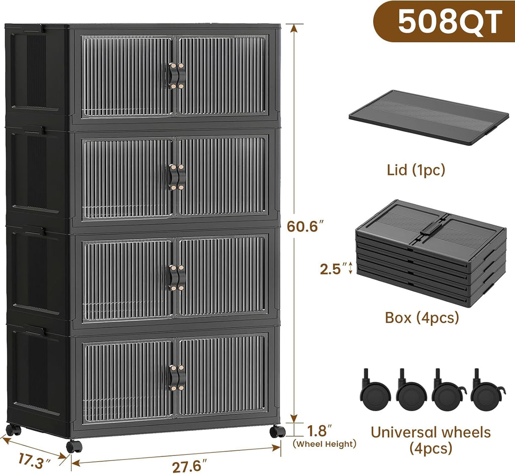 SAILUN 127Gal/508Qt Stackable Storage Bins Folding Collapsible Storage Bins with Lid, Closet Organizers and Storage Box with Door Black 28" W x 17" D x 61" H