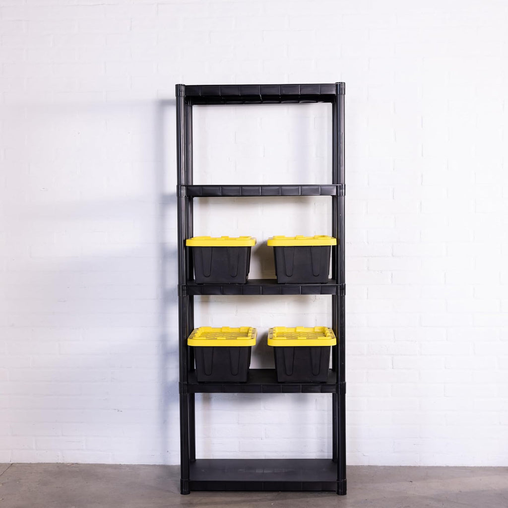 Plastic 5-Gallon Storage Tote with Lockable Lid, Stackable Tough Regular-Duty Bin for Garage, Tools, and Home Organization (4-Pack) - Black and Yellow