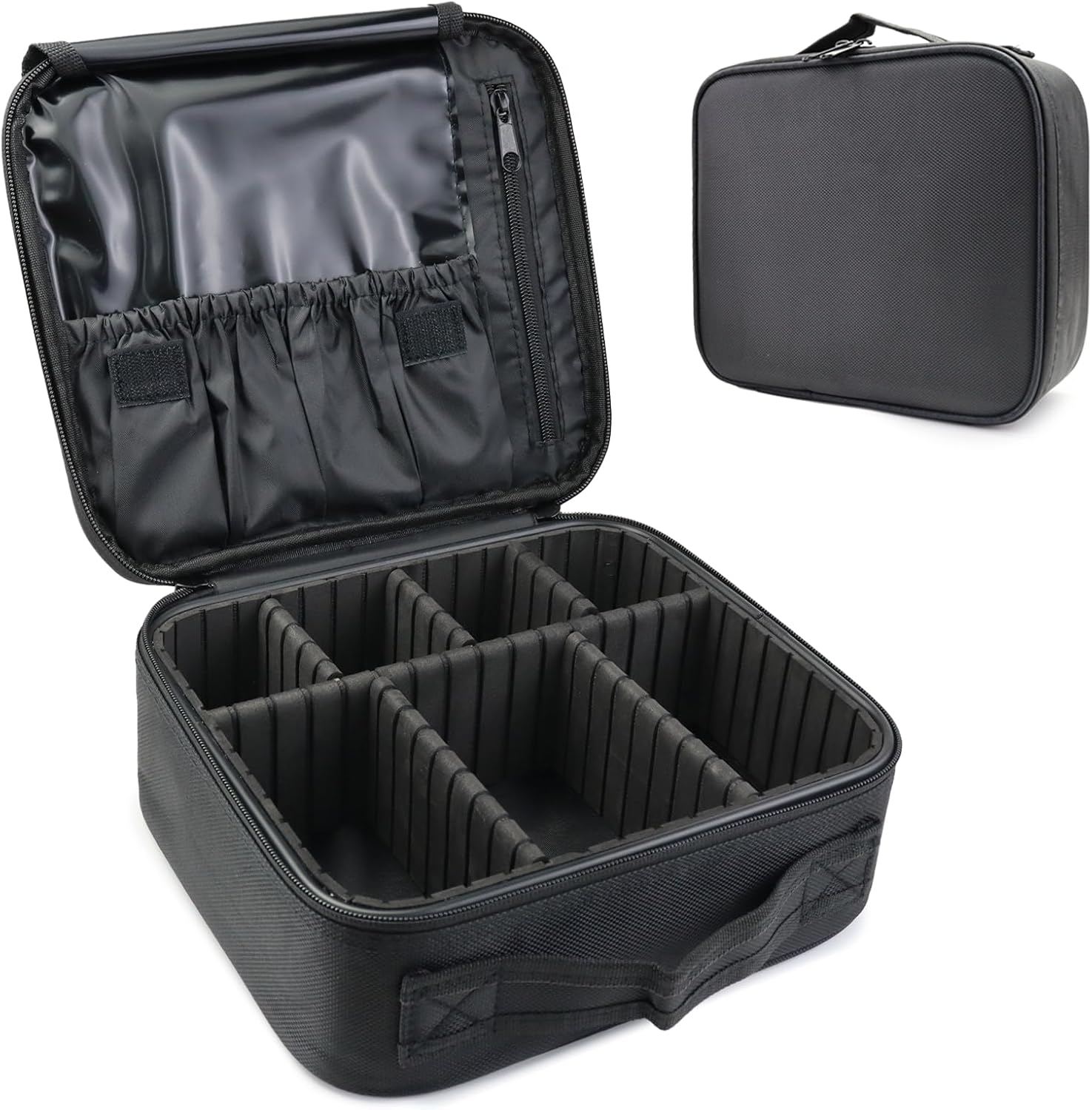 Travel Makeup Bag Makeup Cosmetic Train Case Organizer Portable Storage Bag with Adjustable Dividers for Cosmetics Makeup Brushes Toiletry Jewelry Black