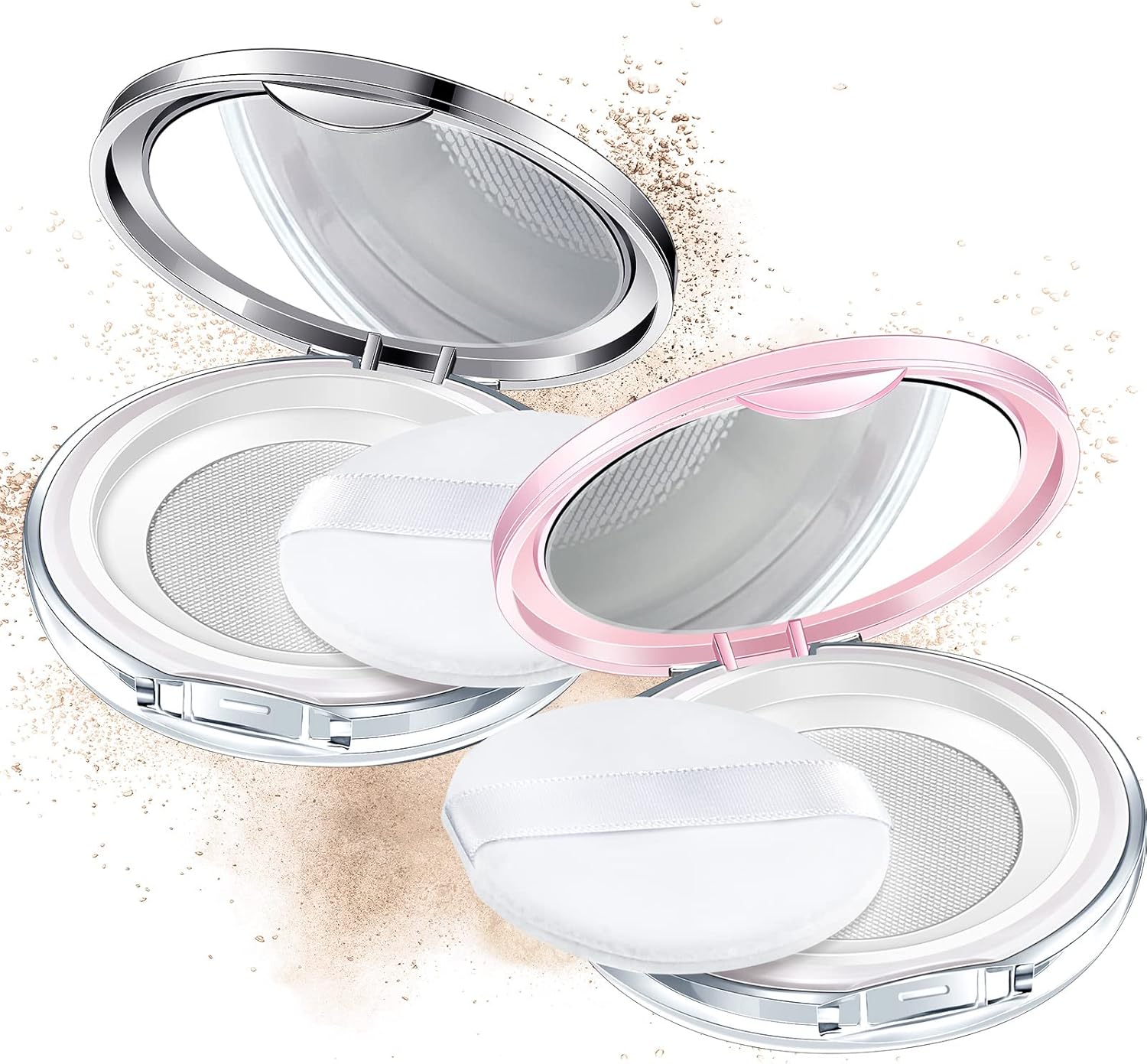 Cunhill 2 Pcs Loose Powder Container with Puff 0.17/0.7 oz Reusable Plastic Portable DIY Makeup Empty Powder Case with Mirror and Net Sifter(Pink, Silver)
