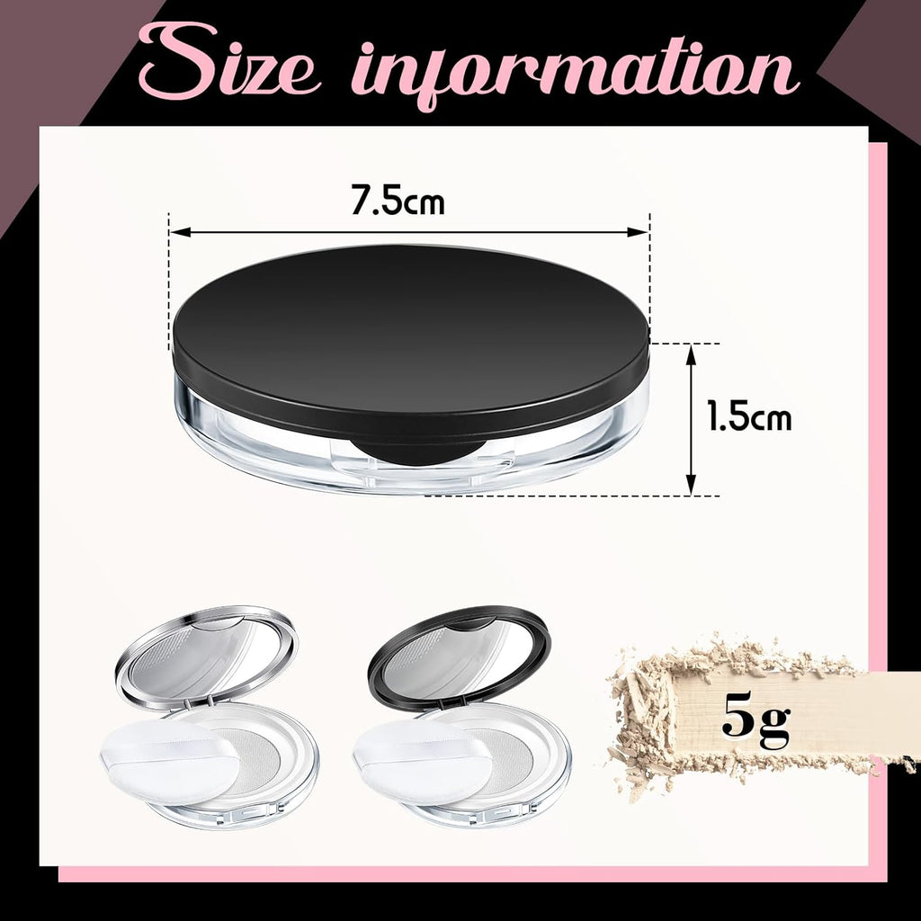 Cunhill 2 Pcs Loose Powder Container with Puff 0.17/0.7 oz Reusable Plastic Portable DIY Makeup Empty Powder Case with Mirror and Net Sifter(Silver, Black)