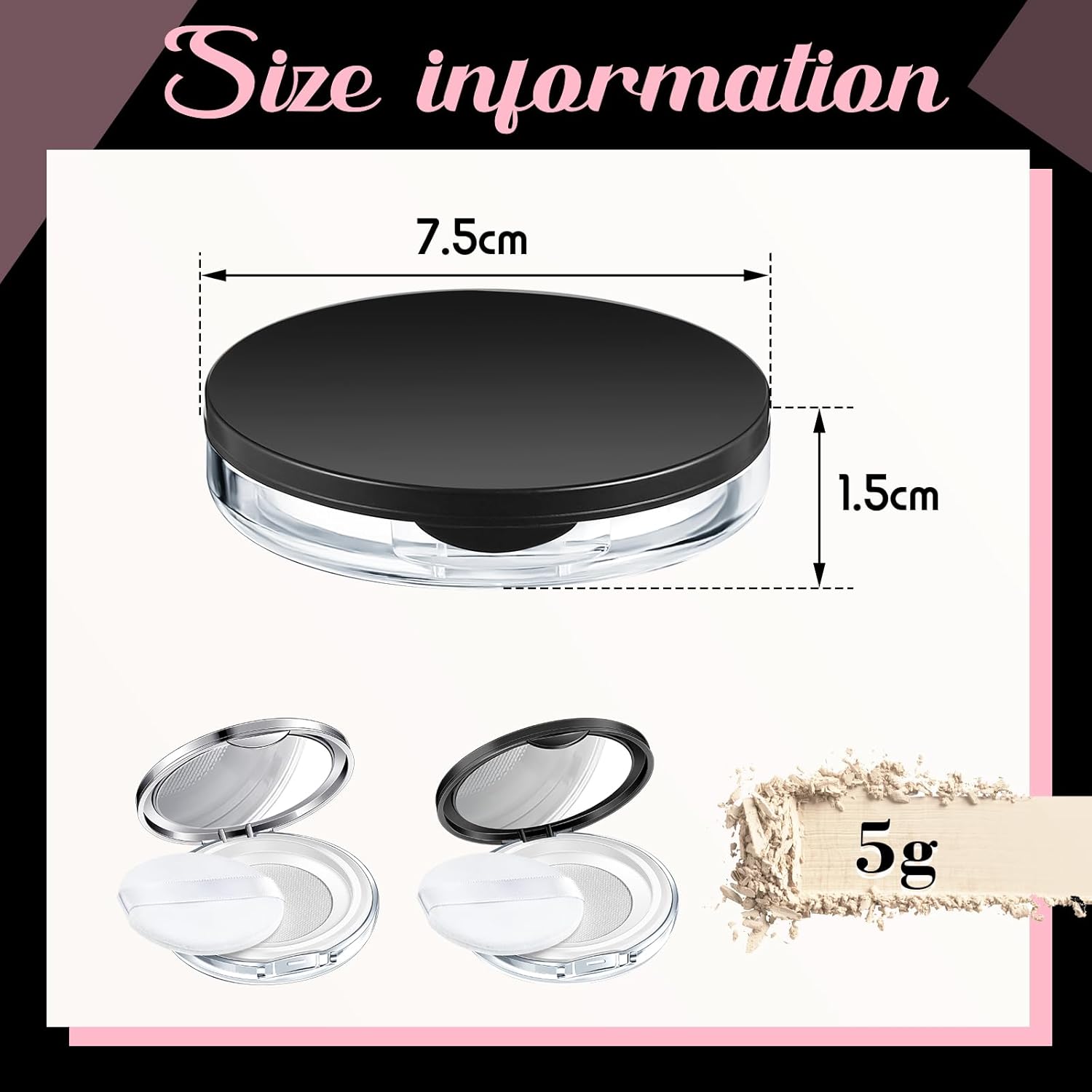 Cunhill 2 Pcs Loose Powder Container with Puff 0.17/0.7 oz Reusable Plastic Portable DIY Makeup Empty Powder Case with Mirror and Net Sifter(Silver, Black)