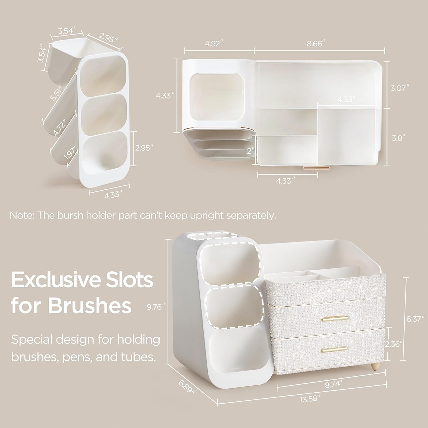 HBlife Makeup Organizer with Brush Holder for Vanity, Large Plastic Bathroom Countertop Organizer Skin Care Storage, Easy to Store Nail Polishes, Perfumes, Eyeshadow Palettes, Pearl All White