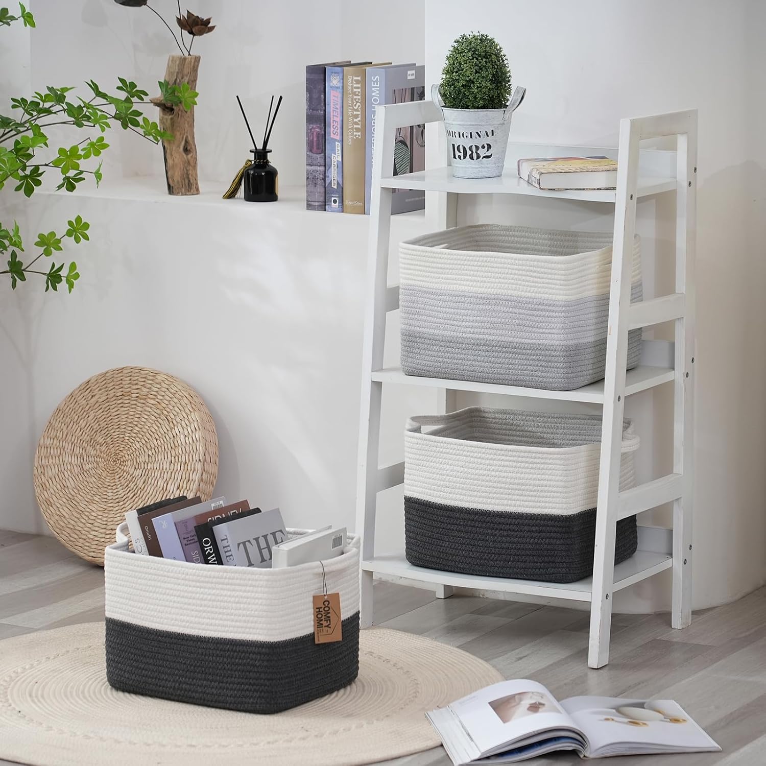 COMFY-HOMI Cotton Rope Woven Basket with Handles for Shelves,Toys,Book, Cloth Storage Baskets Bin for Organizing-13.5"x11"x9.5" Toy Decorative Organizer for Living Room, Bathroom-White/Dark Grey