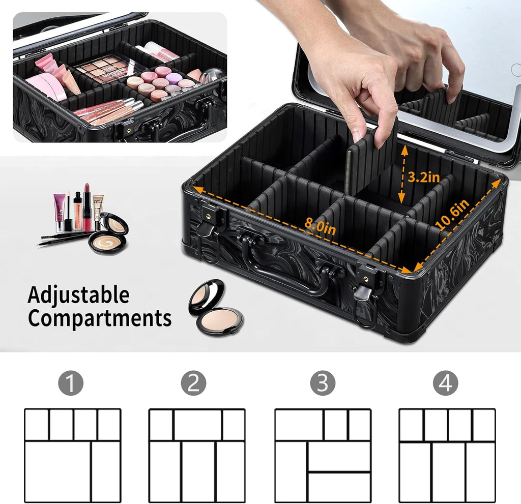Makeup Case with LED Mirror - Black Fluid-Color Makeup Box with Detachable Lighted Mirror, Travel Cosmetic Train Case Organizer with Adjustable Dividers and Tool Panel for Brushes