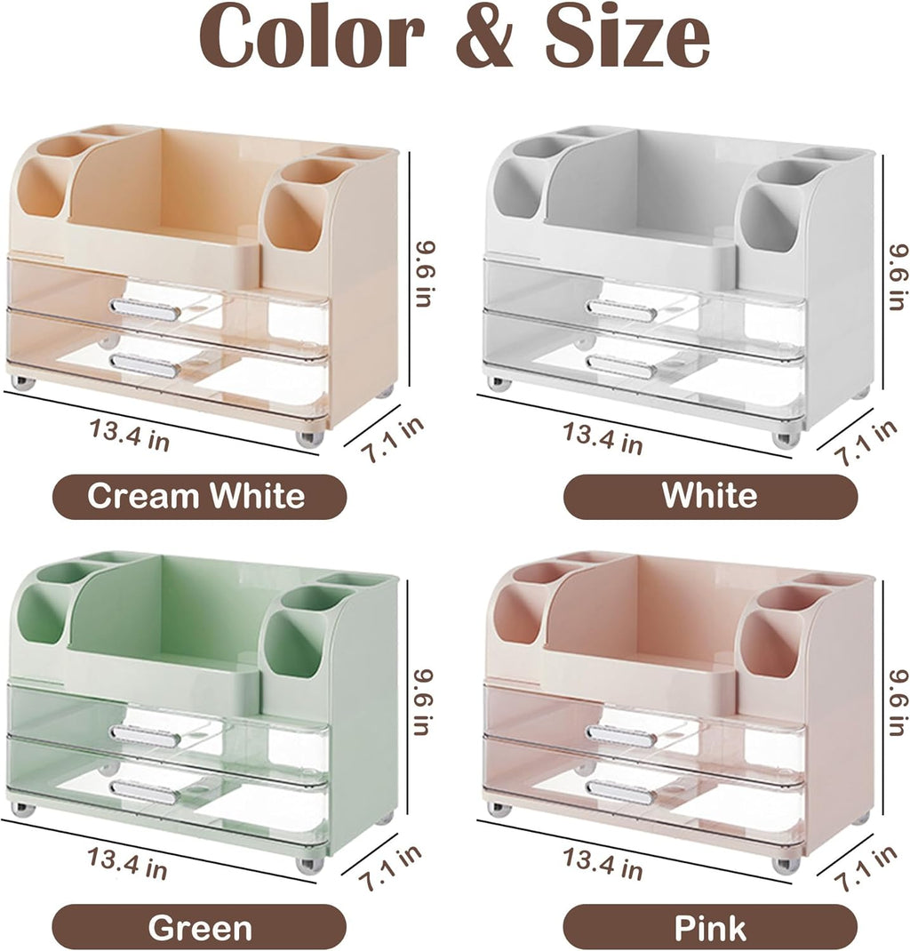 Large Makeup Organizers Countertop for Vanity, Bathroom Make Up Storage with Brush Holder, Cosmetic Display Case with 2 Drawers for Skincare,Lipstick (Cream White)