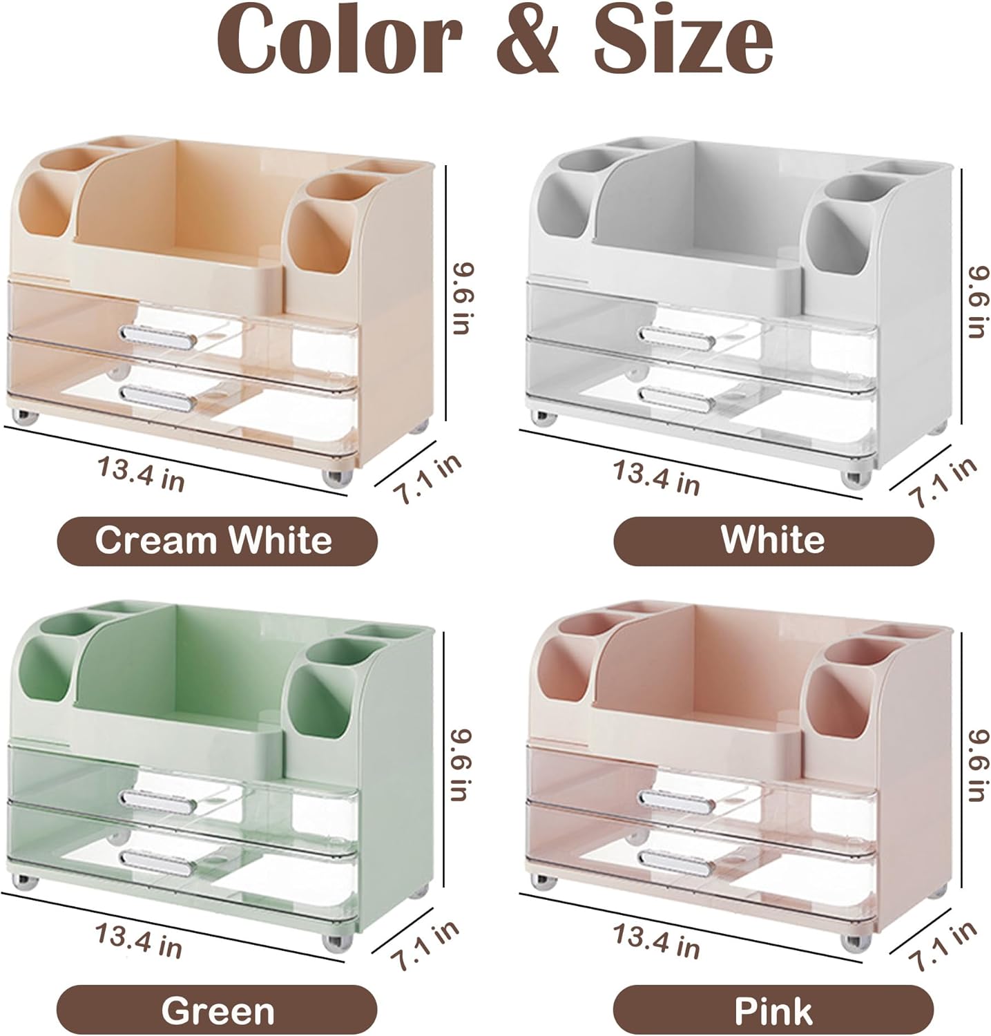 Large Makeup Organizers Countertop for Vanity, Bathroom Make Up Storage with Brush Holder, Cosmetic Display Case with 2 Drawers for Skincare,Lipstick (Cream White)