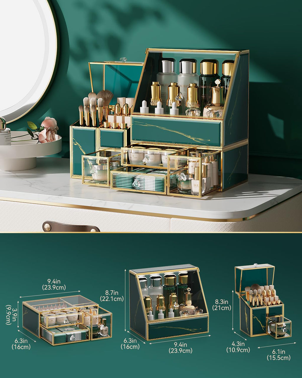 Makeup Organizer Green– Large Vanity Organizer for Skincare, Lipsticks, Perfume & Brushes – Countertop Cosmetic Storage Box for Women, Bathroom or Dresser.