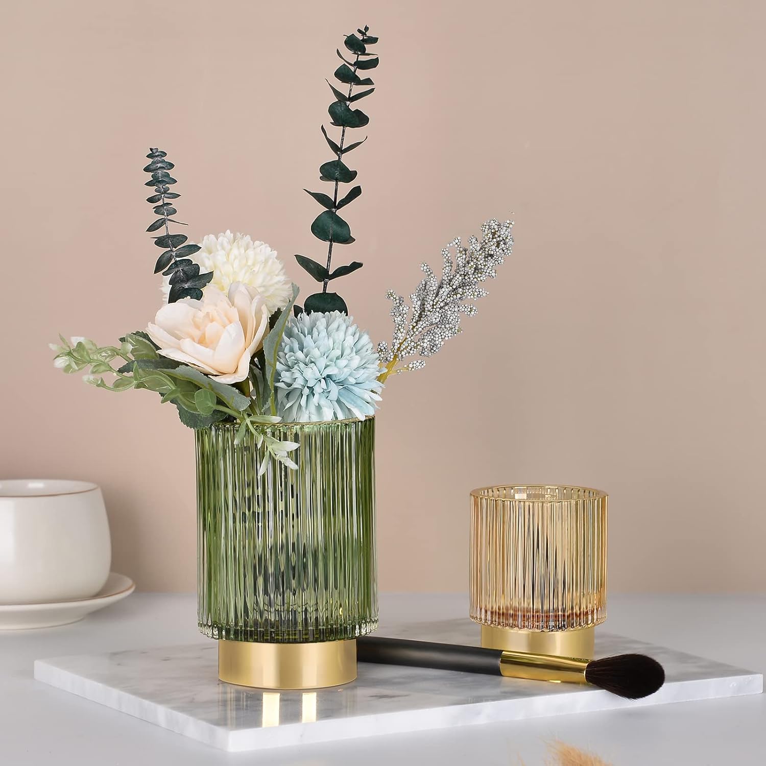 CANITORON Makeup Brush Holder,2 Pack Glass Makeup Brush Holder Organizer Store Cosmetic Tools,Eyeliner,Storage Organizer for Vanity,Bathroom and Bedroom Countertop Storage.(Green S+L)