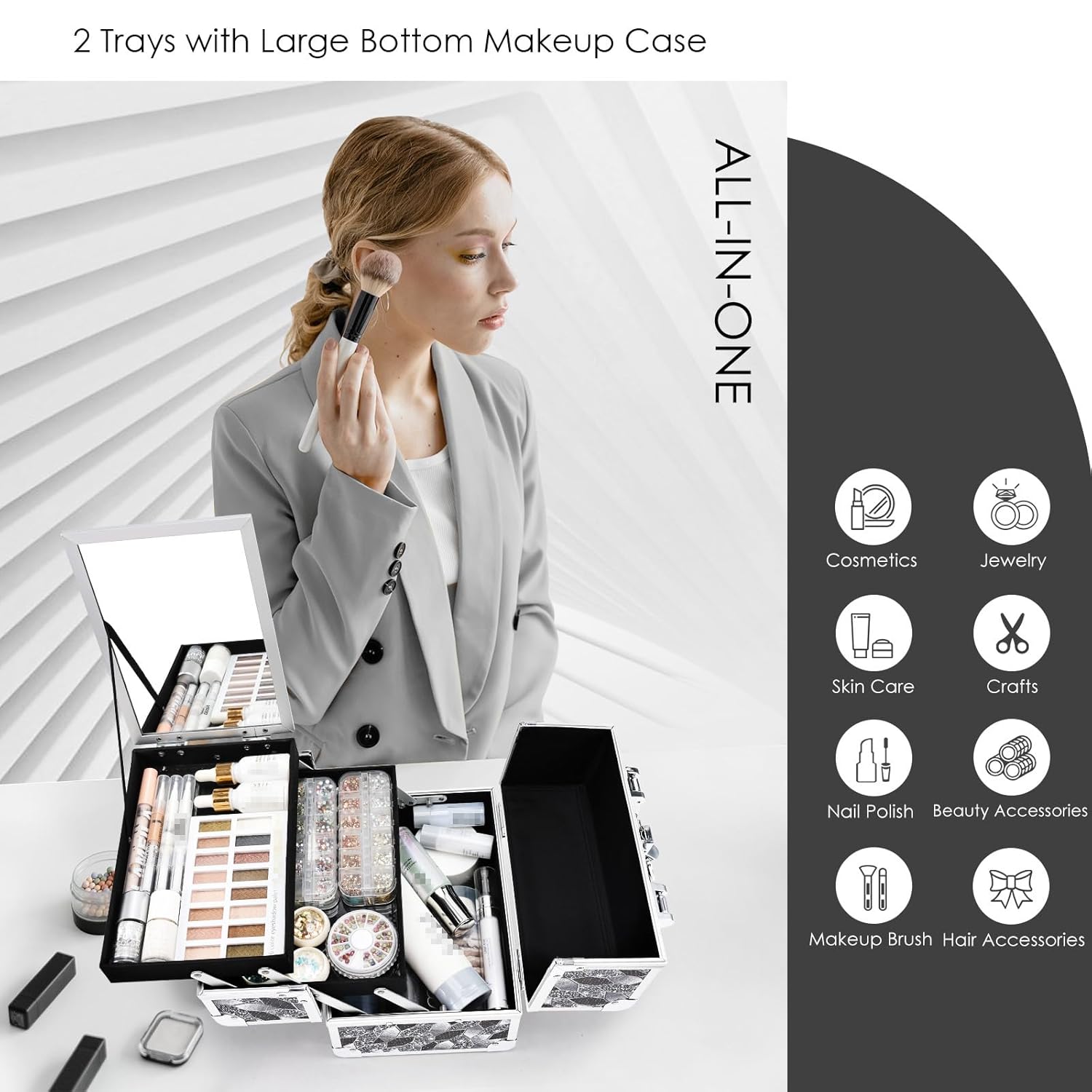 Joligrace Makeup Case Organizer Makeup Box Portable Cosmetic Train Case Hard Vanity Storage with 2 Trays Mirror Locking Make Up Travel Case for Cosmetics Nail Kits Travelling Organizer Modern Style