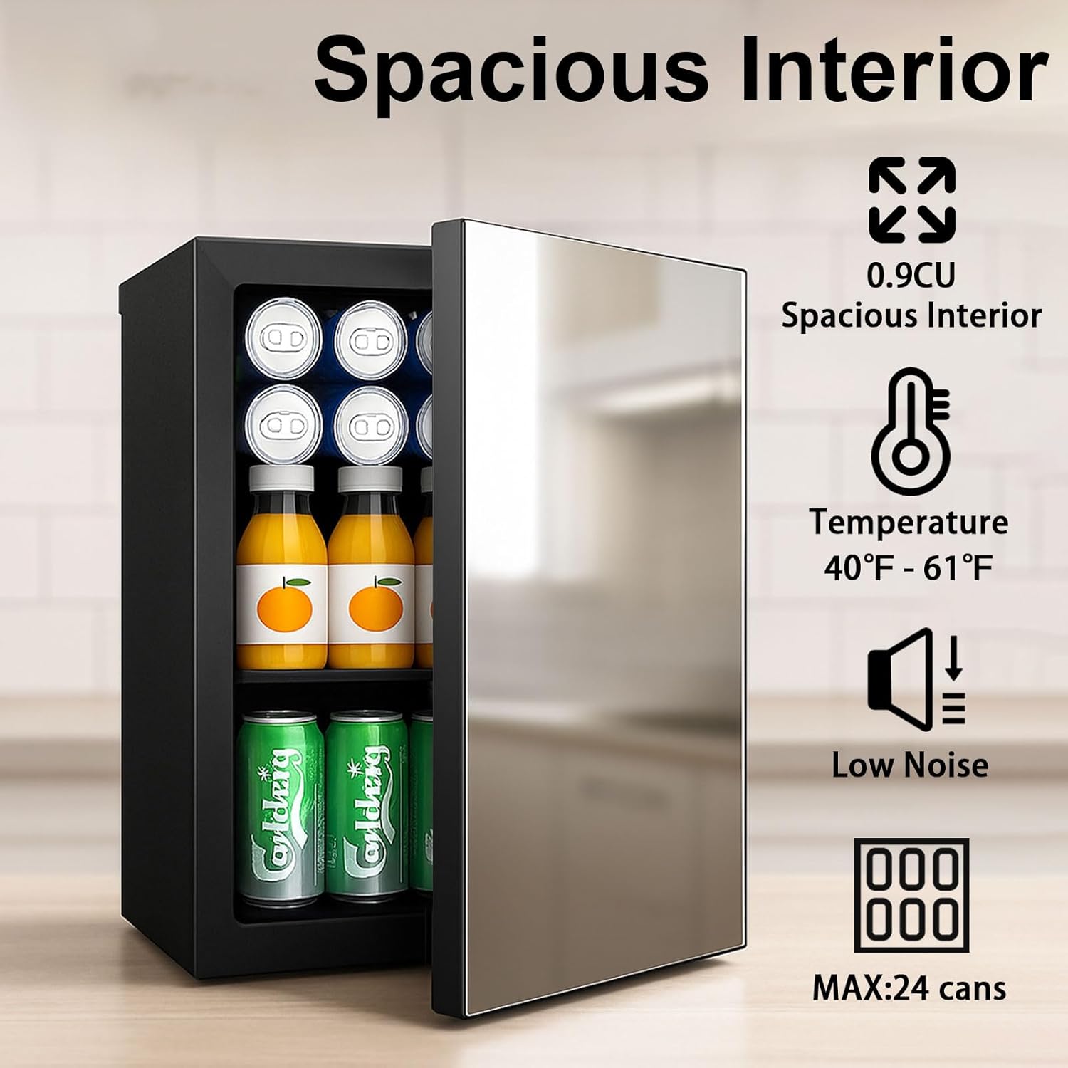 0.95 Cu.Ft Mini Refrigerator and Beauty Fridge, 24 Cans Mini Fridge with Mirror Door, Temperature Control, Removable Shelf, Compact Cooler for Bedroom, Dorm, Office, Beverage Beauty Storage