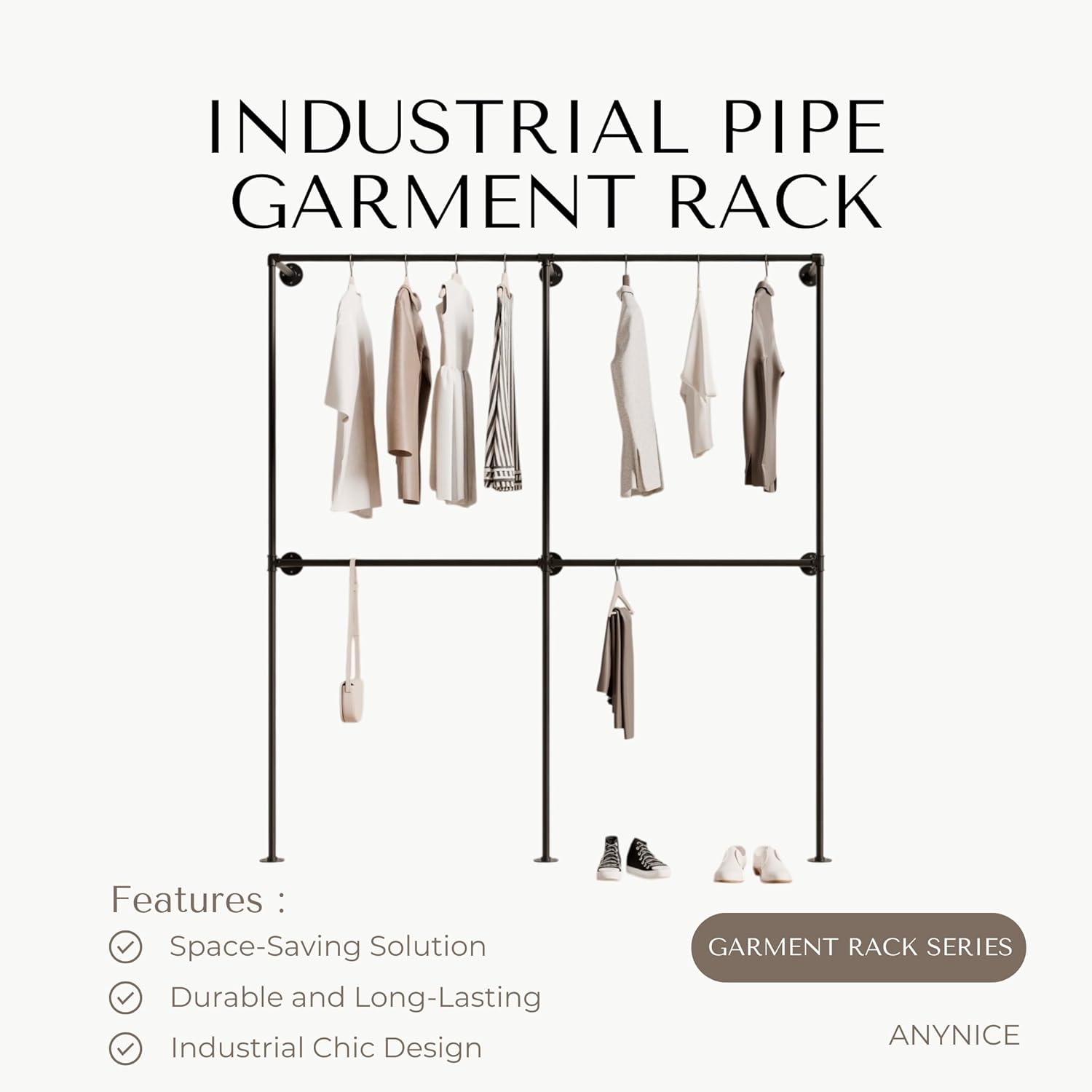 Industrial Pipe Clothing Rack, Heavy Duty Wall Mounted Clothes Rack, Retail Display Hanging Garment Rod for Laundry Rooms, Closet Storage, 14.6x75x82.7 Inches, Model K03