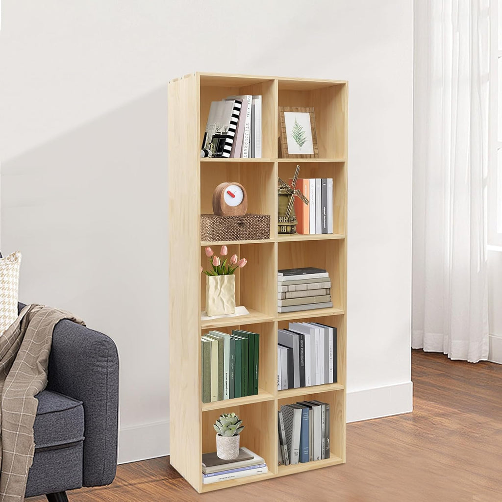 10 Cube Storage Shelf Organizer Bookshelf with Back Panel, 12in Deep Solid Wooden Cube Shelf Bookcase, Floorstanding, Vertical or Horizontal, Easy Assembly