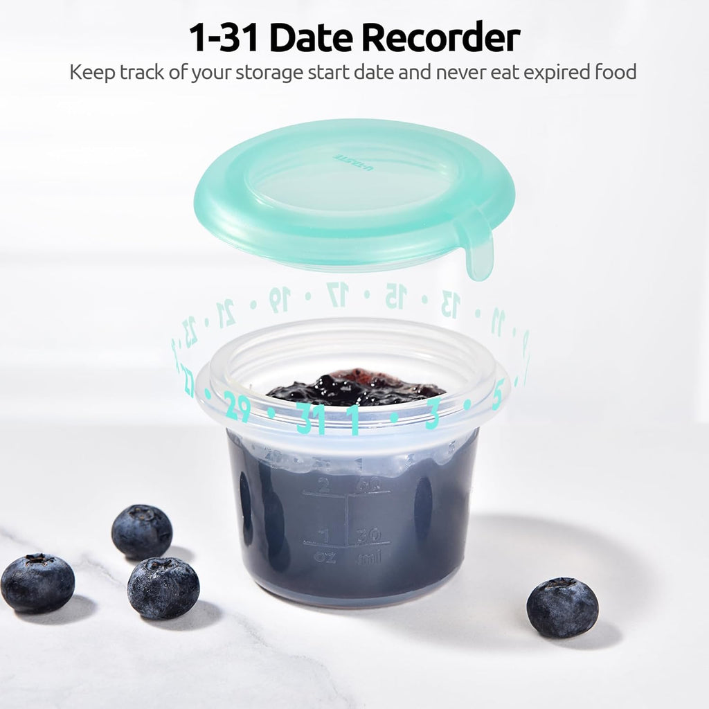 U-Taste 2oz Silicone Food Container: Mini Kitchen Storage with Airtight Lid, Freezer & Microwave Safe, Dip Box with Date Marking Circle, Clear Round Stackable for Sauce, Dressing, Condiment -Aqua Sky