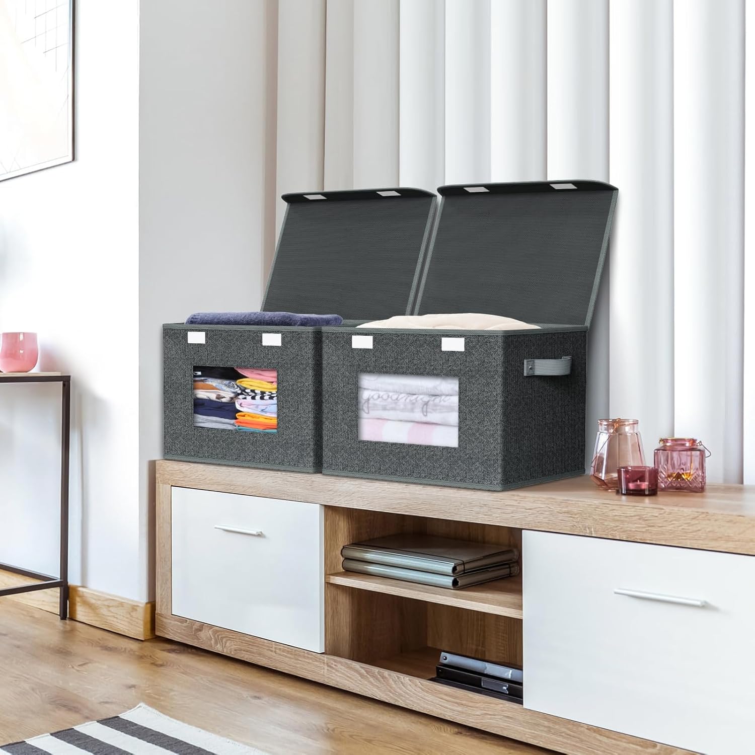 Univivi Fabric Foldable Storage Boxes with Lids [4-Pack] Large Stackable Storage Bins, Closet Organizers and Storage Cube Storage Organizer for Home, Office, Bedroom (Black, 17“ x 12” x 12")