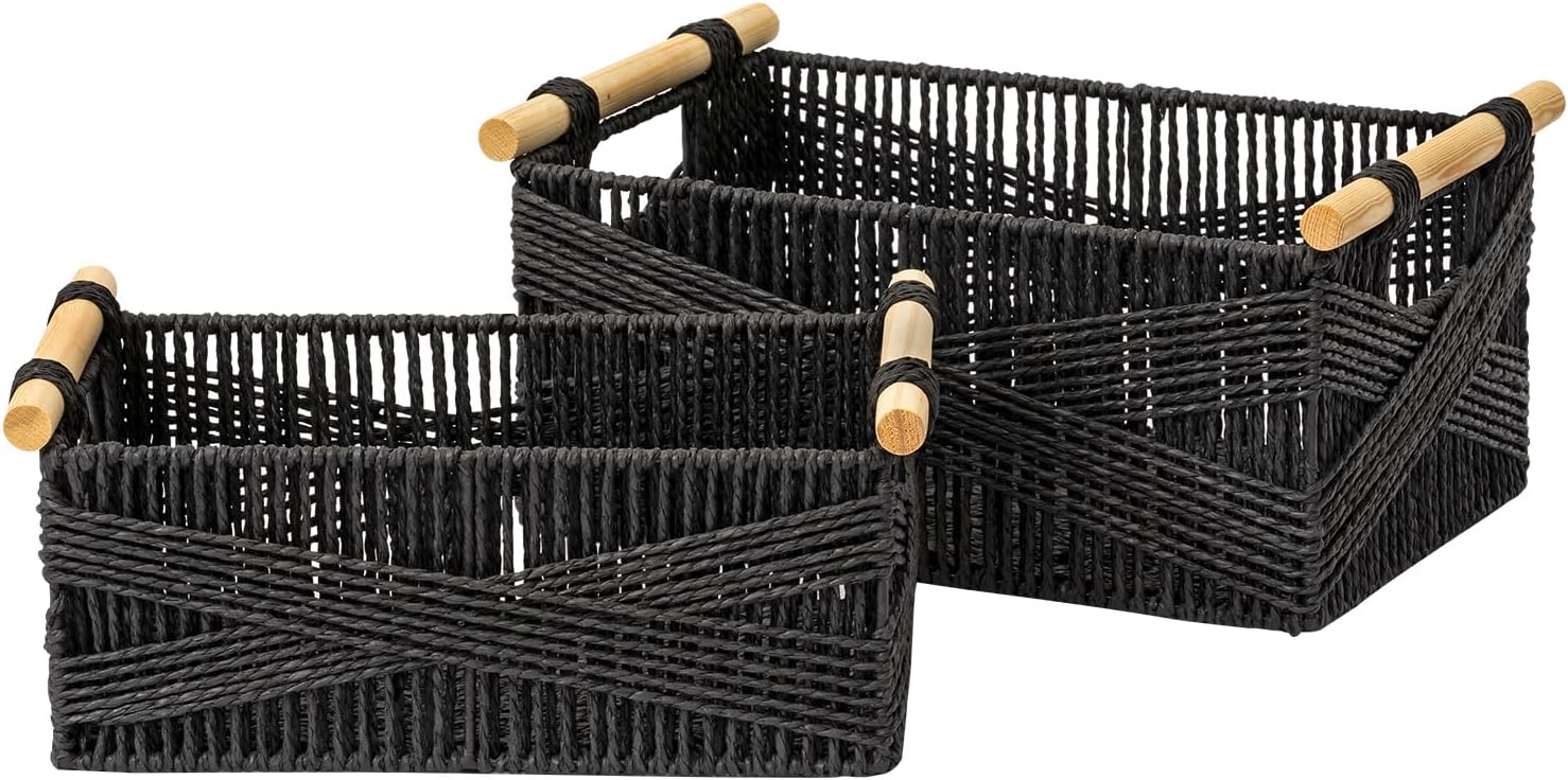 LA JOLIE MUSE Wicker Storage Baskets for Organizing, Recyclable Paper Rope Basket with Wood Handles, Decorative Hand Woven Basket Organizers for Makeup Books Shelves Living Room, Black, Set of 2