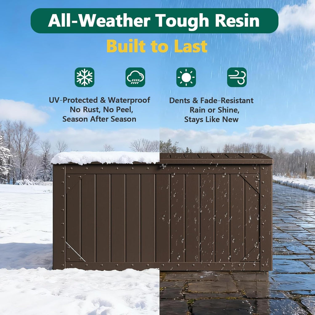 100 Gallon Outdoor Storage Box, Weatherproof Deck Box for Patio Cushions, Throw Pillows, Garden Tools, Lockable Resin Large Outdoor Storage Bench for Yard, Porch, or Balcony