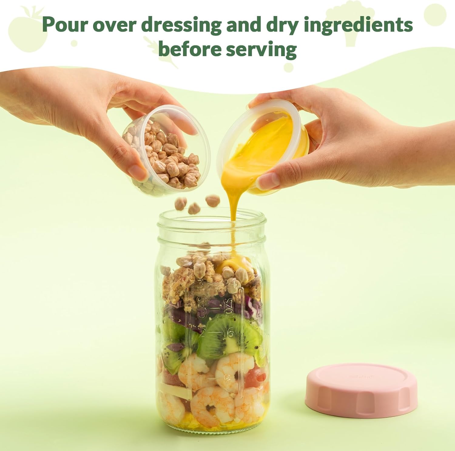 SOLIGT 4 Pack Glass Salad Jars with Lids Meal Prep, Leakproof Container for Lunch, with Wet/Dry Separation Cups, 32oz Mason Jars (Pink/Orange/Sky Blue/Olive Green)
