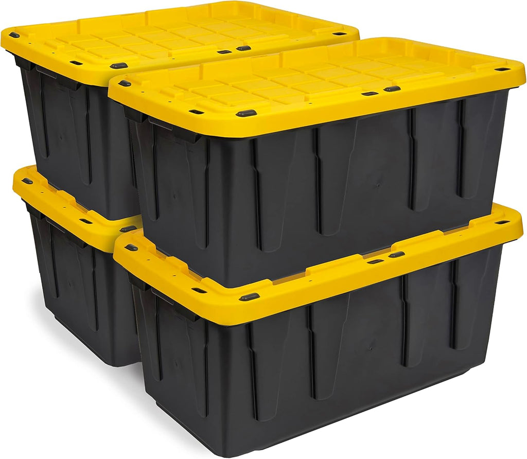 BLACK & YELLOW, 17-Gallon Heavy Duty Tough Storage Container & Snap-Tight Lid, (12.5H x 18W x 26.9D), Weather-Resistant Design and Stackable Organization Tote [4 Pack]