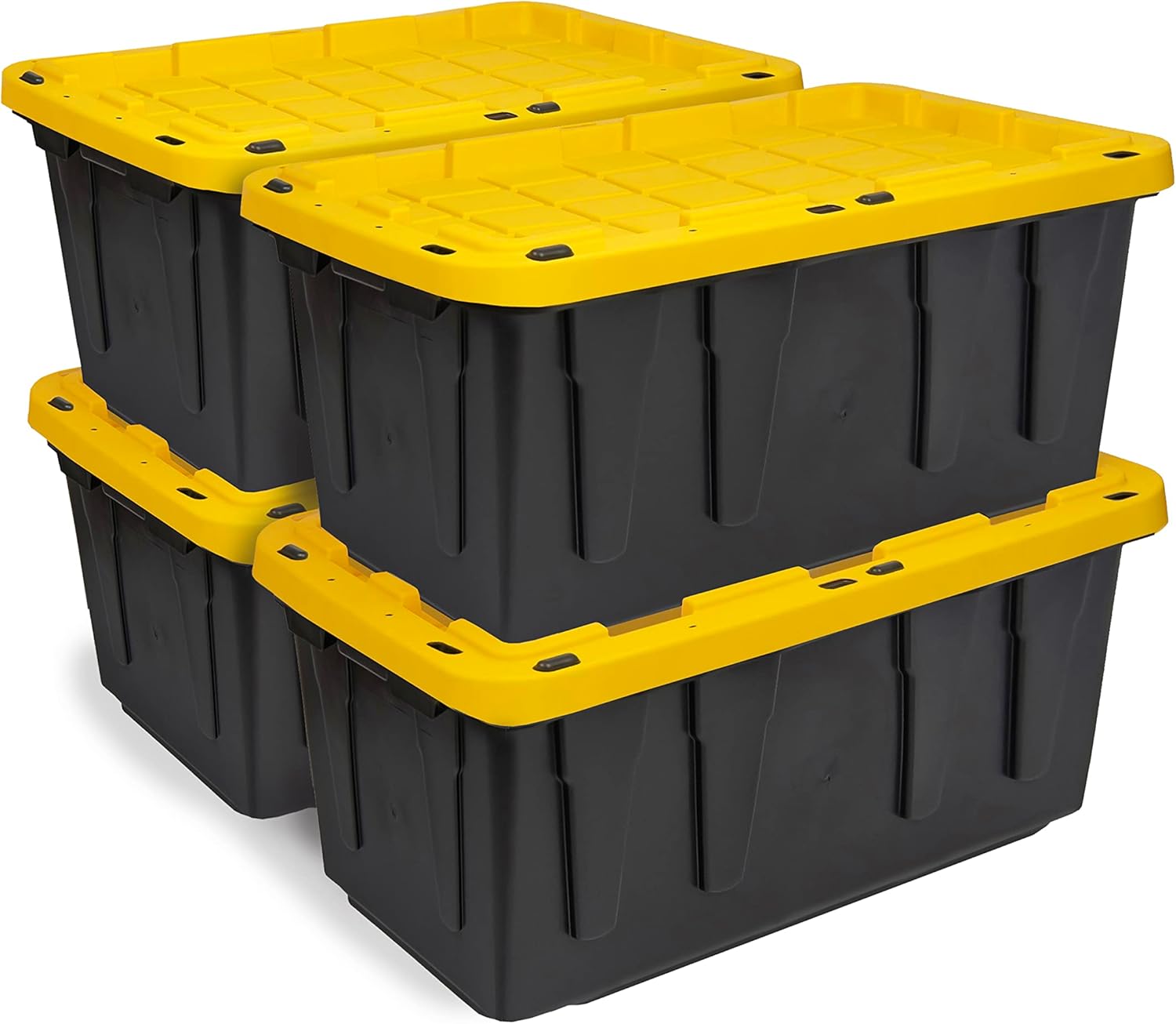 BLACK & YELLOW, 17-Gallon Heavy Duty Tough Storage Container & Snap-Tight Lid, (12.5H x 18W x 26.9D), Weather-Resistant Design and Stackable Organization Tote [4 Pack]
