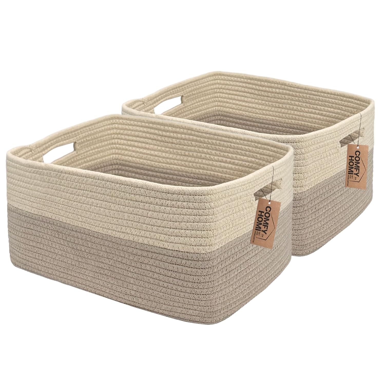 COMFY-HOMI 2 pcs Large Storage Baskets for Shelves, Laundry Basket, Woven Rope Basket, Closet Organizer Bins for Clothes Blanket Towels, Baby Nursery, Gift Toy Baskets, 17” x 13” x 7.5”-Beige Brown