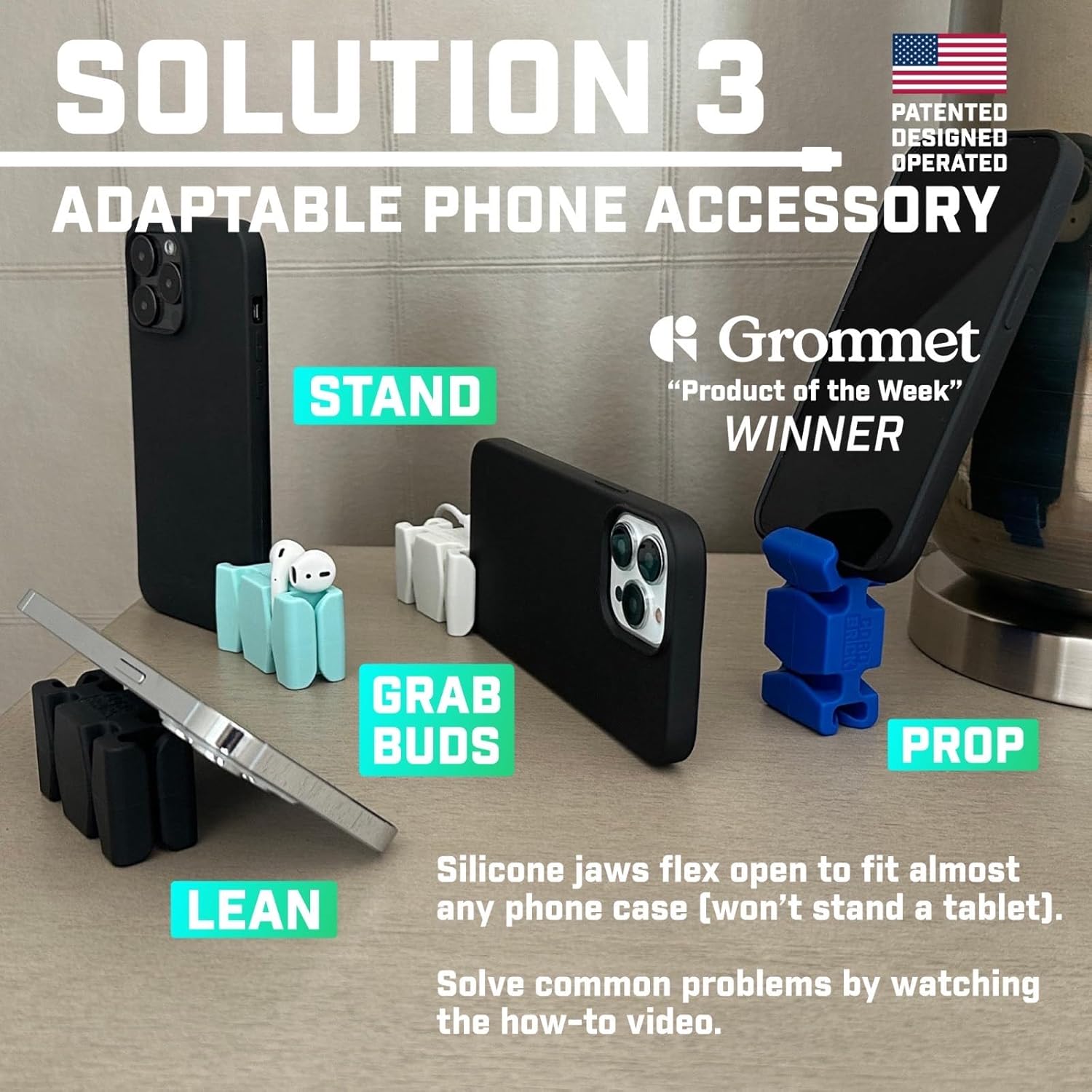 CordBrick Stocking Stuffers for Adults Cord Management Weighted Cord Holder Cable Wrap Phone Stand - Multiuse Gadget Organizer for Nightstand, Desk. Gift for Men, Durable Silicone. 4pk Light Gray