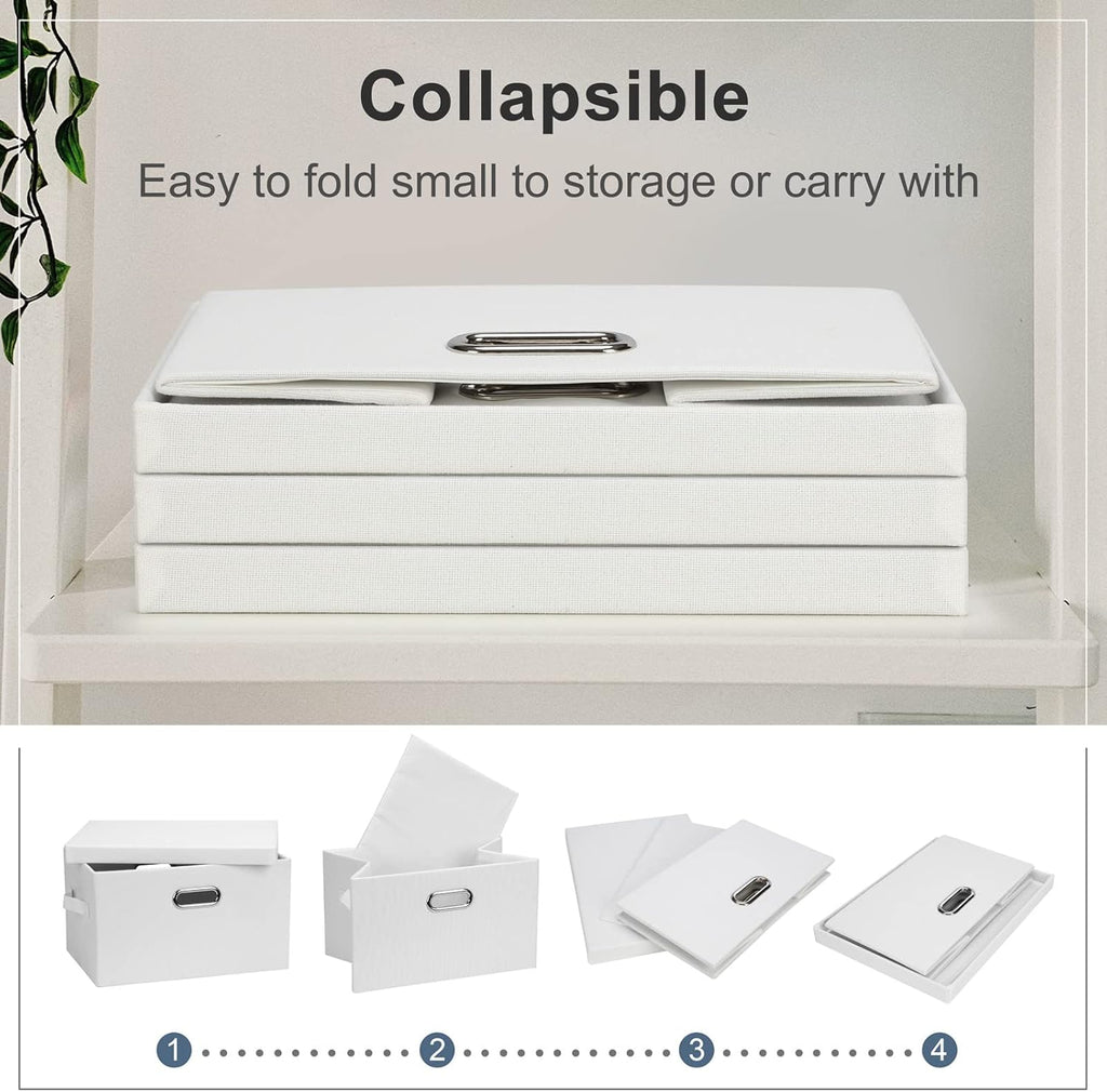 Medium 15" 21 Quart Collapsible Stackable Storage Bins with Lids, 5 Packs White Foldable Fabric Closet Storage Boxes with Lids, Lidded Heavy-duty Linen Baskets(15x11x8)