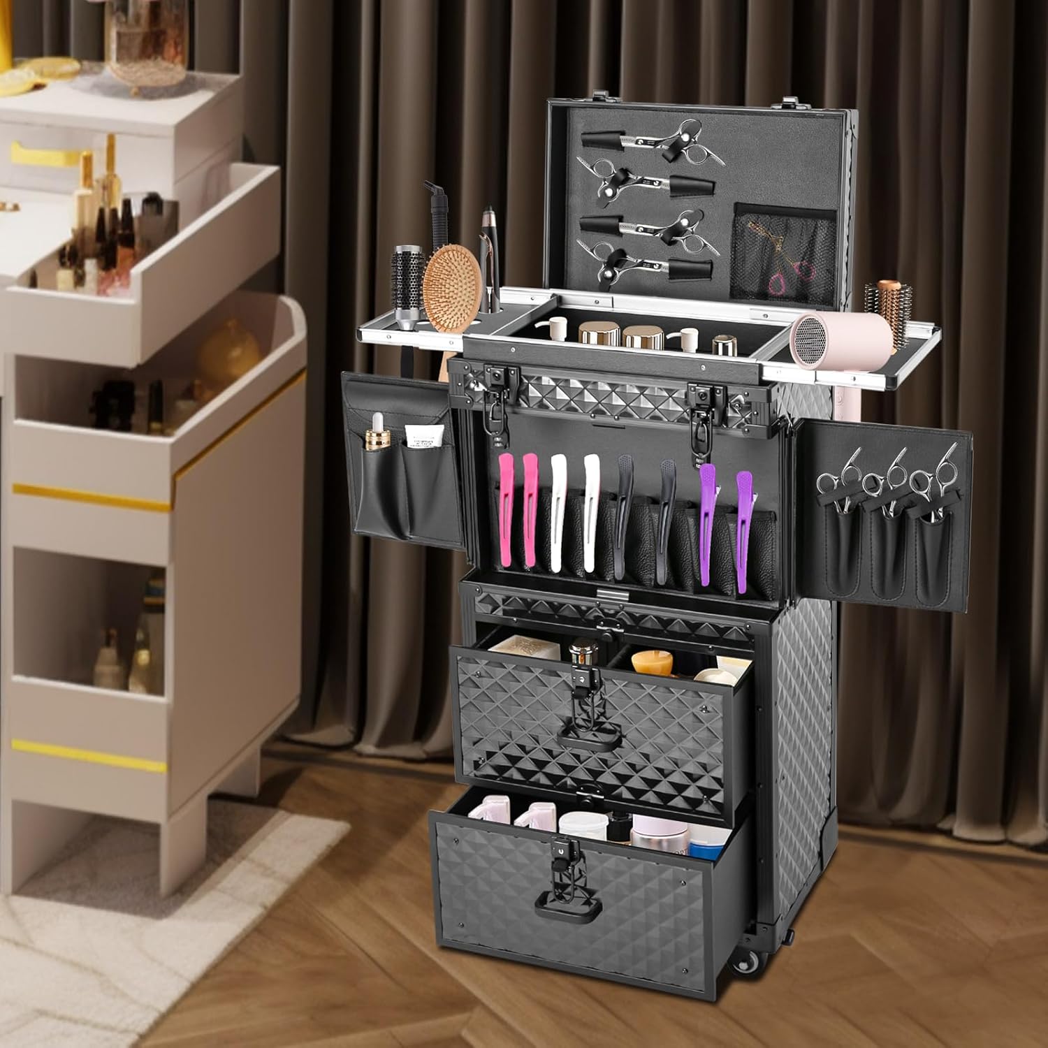 Cosmetic Train Case,Makeup Organizer Travel Case with Multiple Compartments,Rolling Makeup Case,Professional Makeup Casewith Wheels for Make-up Artists,33.07Lbs Load-Bearing