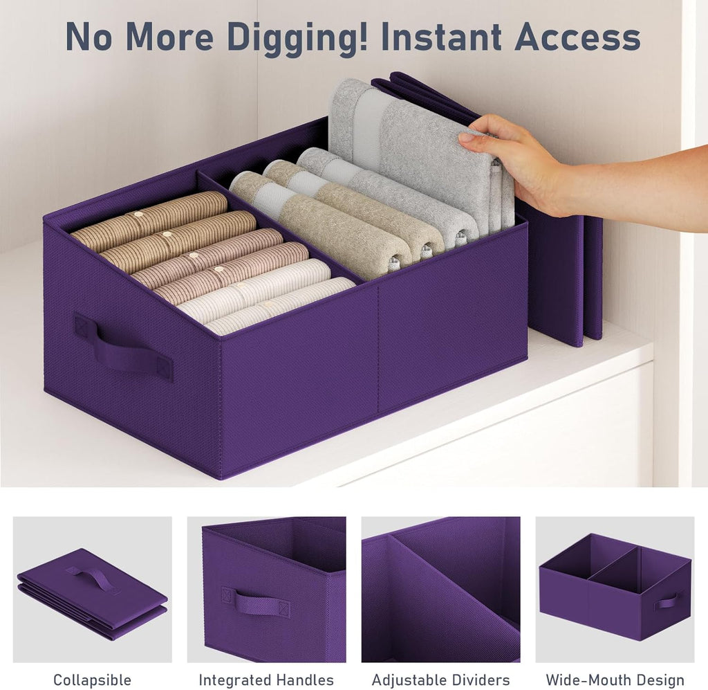 DIMJ Large Closet Shelf Organizer Bins 6 Packs with Handles and Divider, Fabric Trapezoid Storage Baskets, Foldable Clothes Containers Box for Shelf, Towel, Book, Toy, Purse, Hats, Purple