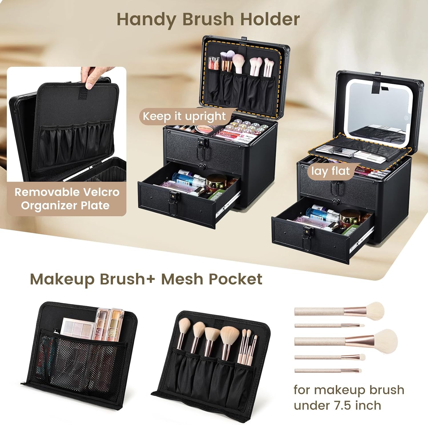 Makeup Case with Drawer, Detachable Lighted LED Mirror, Makeup Organizer Box Travel Make up Vanity Case Portable Cosmetic Train Case for MUA Lockable Makeup Suitcase with Adjustable Dividers