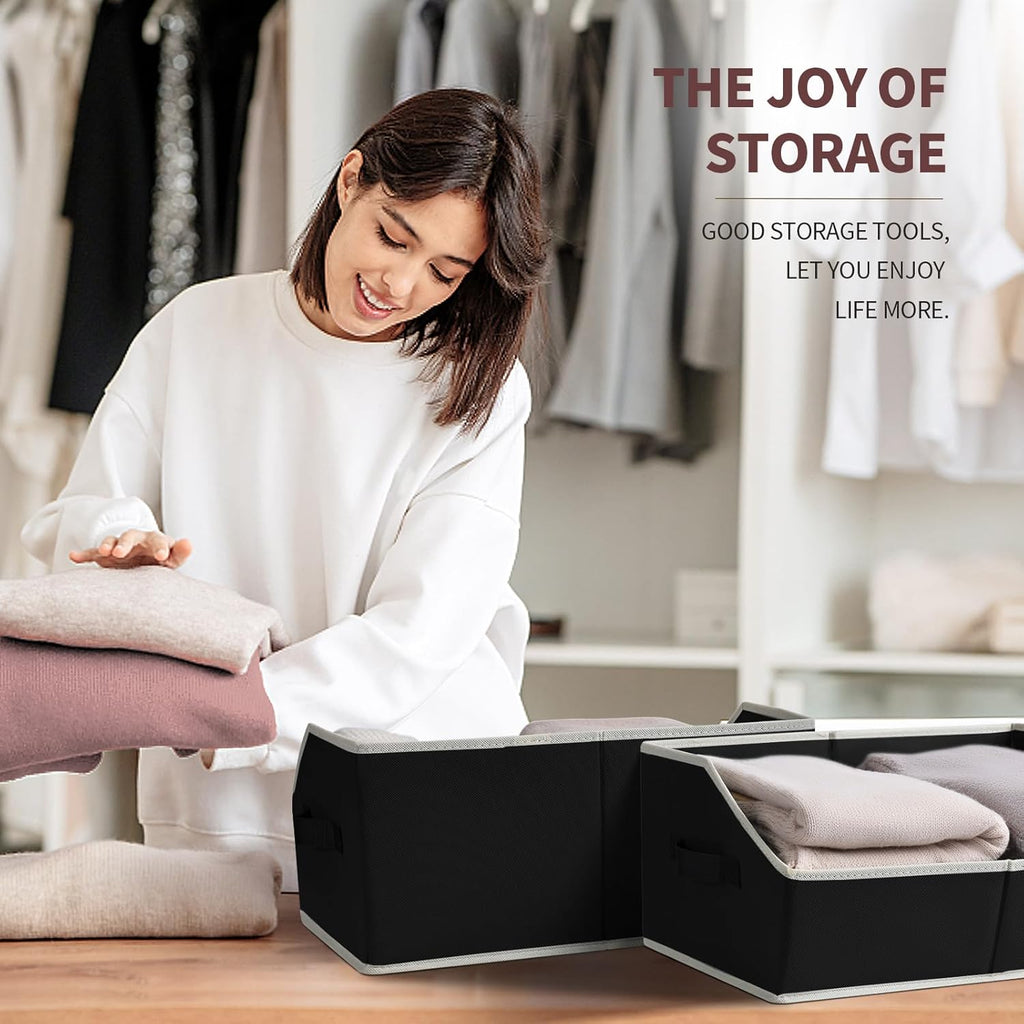 Large Closet Organizers and Storage Bins - 3 Pack Trapezoid Storage Baskets for Shelves, Foldable Fabric Baskets with Handles Ideal for Closet, Basket, Wardrobe and Shelf Storage, Black