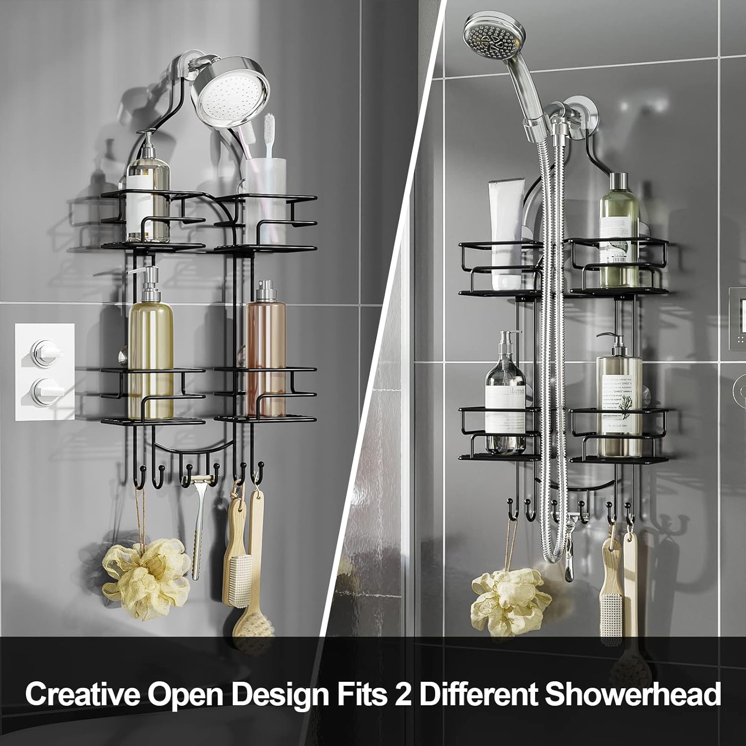 SRIWATANA Shower Caddy Hanging Over Head, Bathroom Shower Organizer Shower Rack Holder with Hooks for Razors - Black