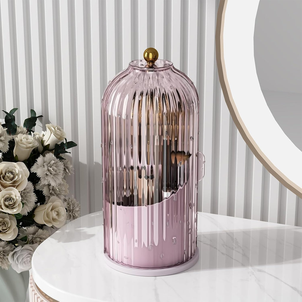 GAXmi Makeup Brush Holder with Lid Cosmetic Tools Organizer 360 Rotating Waterproof Dustproof Beauty Brushes Storage for Vanity, Pink-Purple