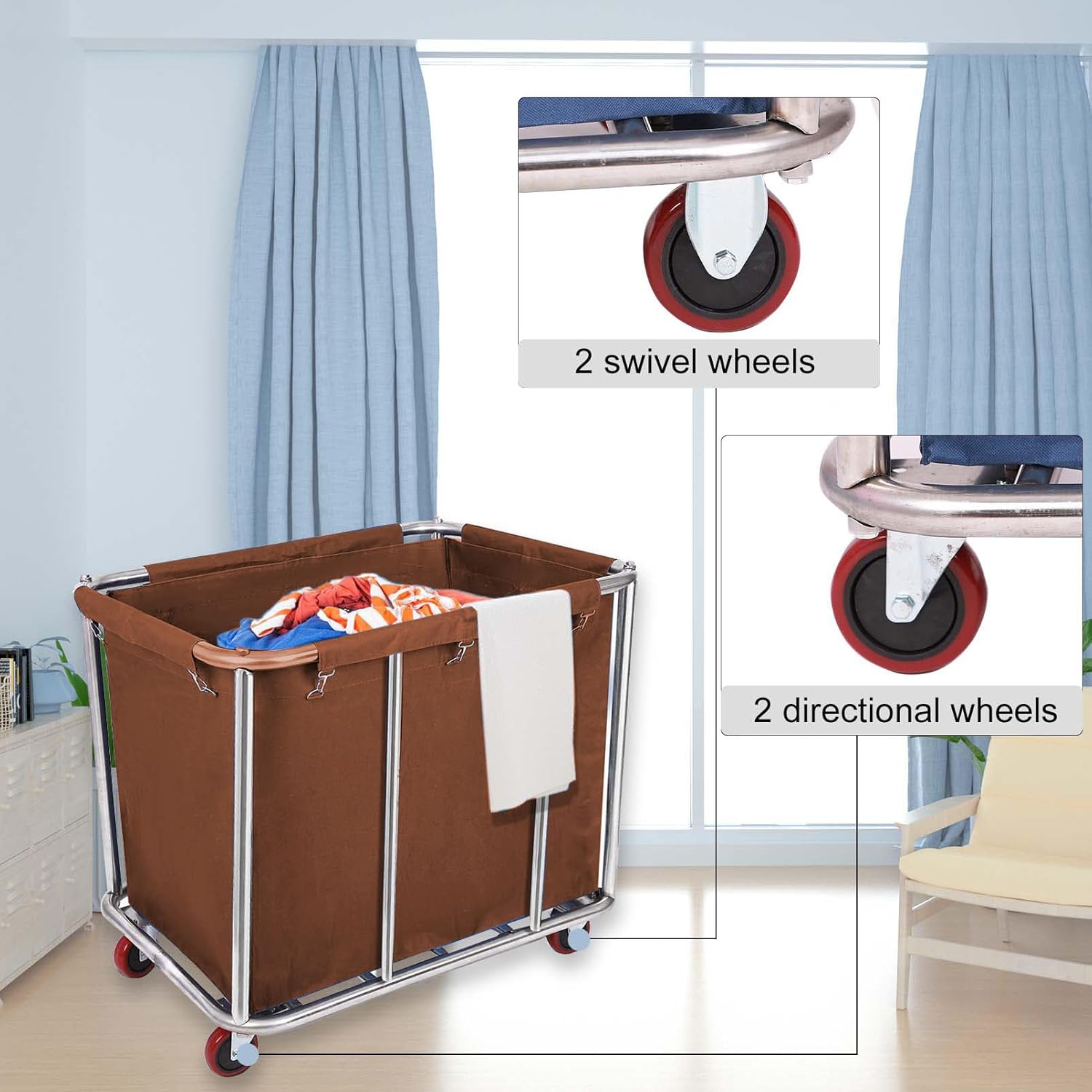10 Bushels Laundry Cart Commercial/Home,Heavy Duty Large Stainless Steel Rolling Laundry Basket with Wheels，for Laundry Organizer and Storage,260LBS Load (Brown)