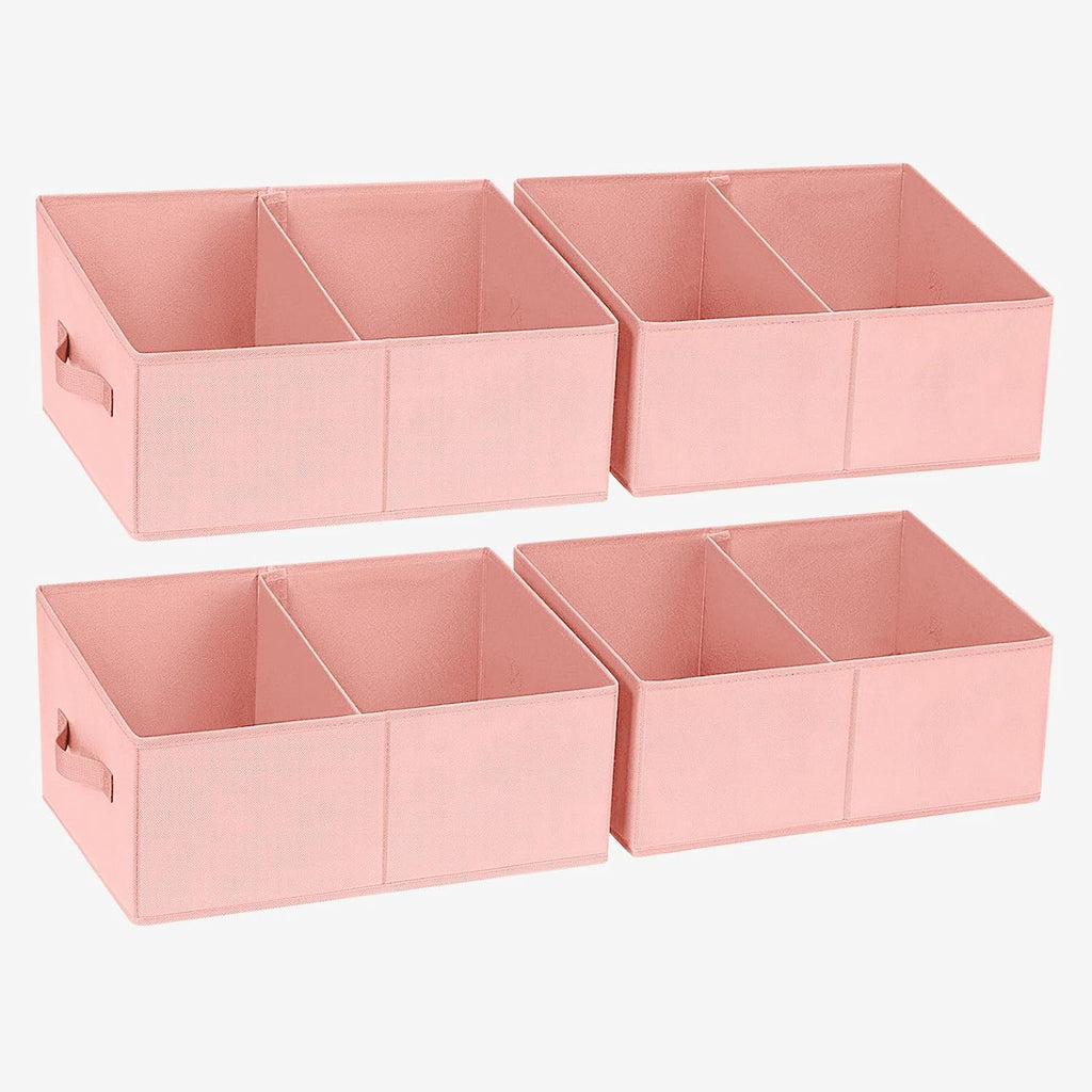 DIMJ Large Closet Shelf Organizer Bins 4 Packs with Handles and Divider, Fabric Trapezoid Storage Baskets, Foldable Clothes Containers Box for Shelf, Towel, Book, Toy, Purse, Hats, Pink
