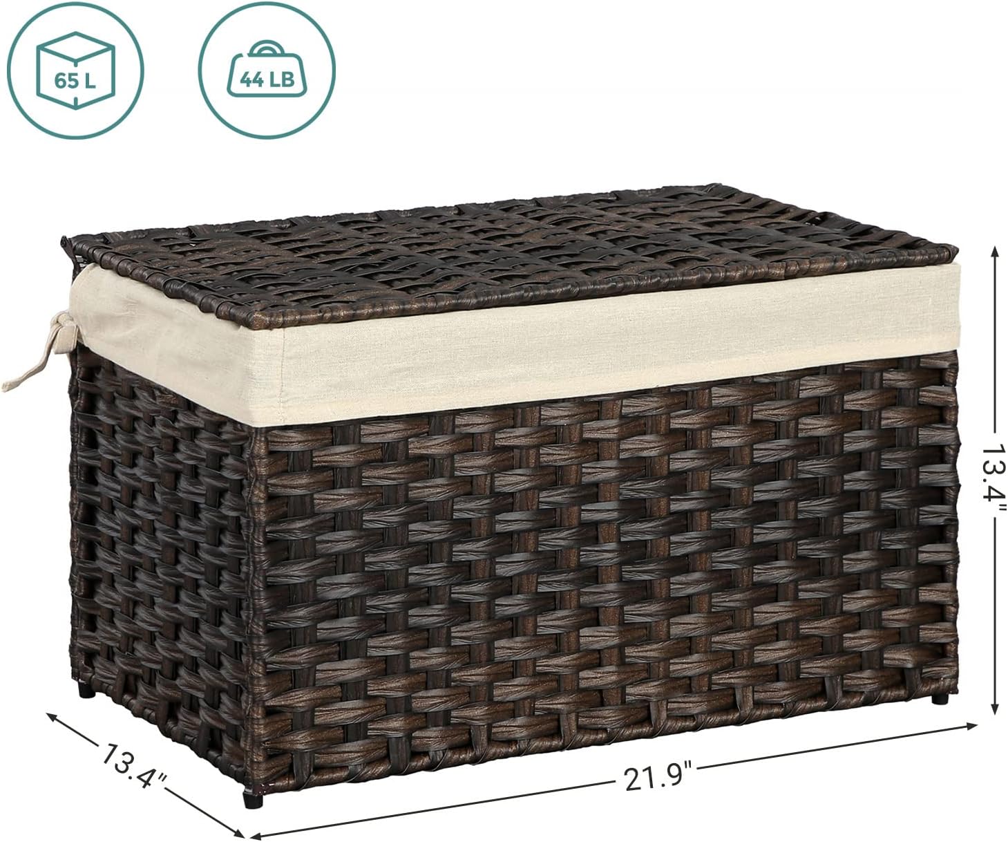 SONGMICS Storage Basket with Lid, Woven Blanket Storage Bin with Handles, Foldable, Removable Liner, Metal Frame, for Bedroom, Laundry Room, 17.2 Gallons (65 L), Brown URST56BR